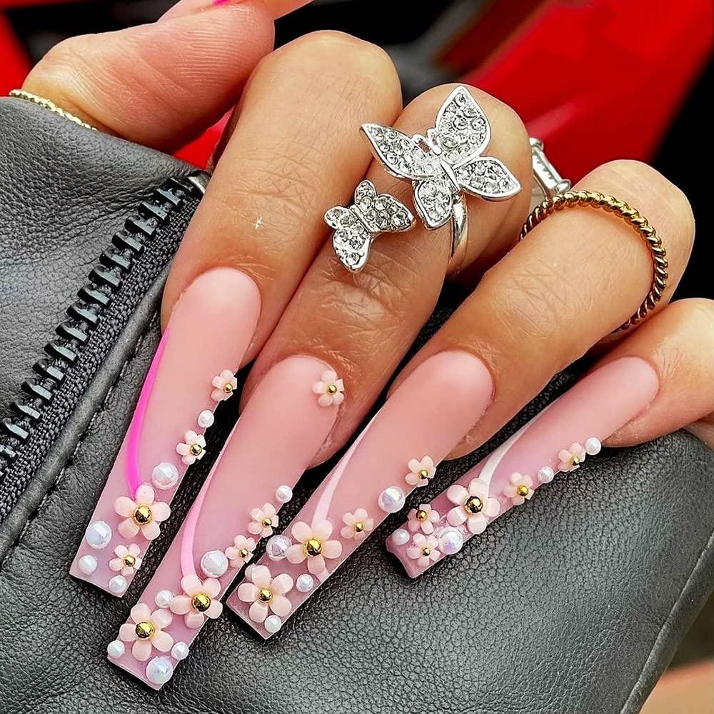 3D Flower Nail Charms, 2 Boxes 3D Acrylic Flower Nail Art Charms and Gems White Pink Mixed Cherry Blossom Spring Rhinestones Acrylic Nail Supplies with Pearls Manicure DIY Nail Decorations