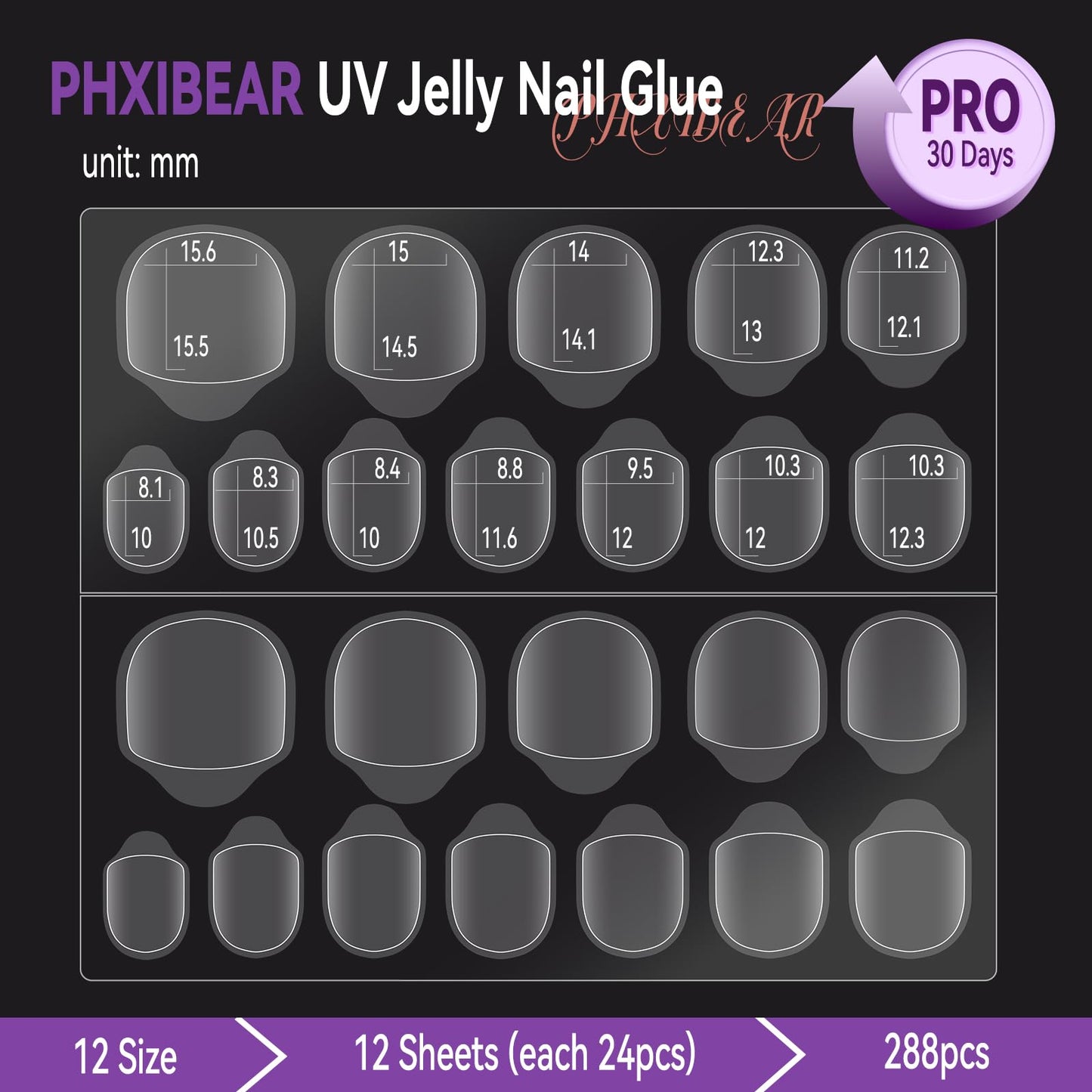 PHIXBEAR PRO UV Jelly Nail Adhesive Tabs Glue Stickers (288pcs), 32X Strong UV Nail Glue for Press Ons, Waterproof Super Sticky Long Lasting, Large 12 Size Easy Remove