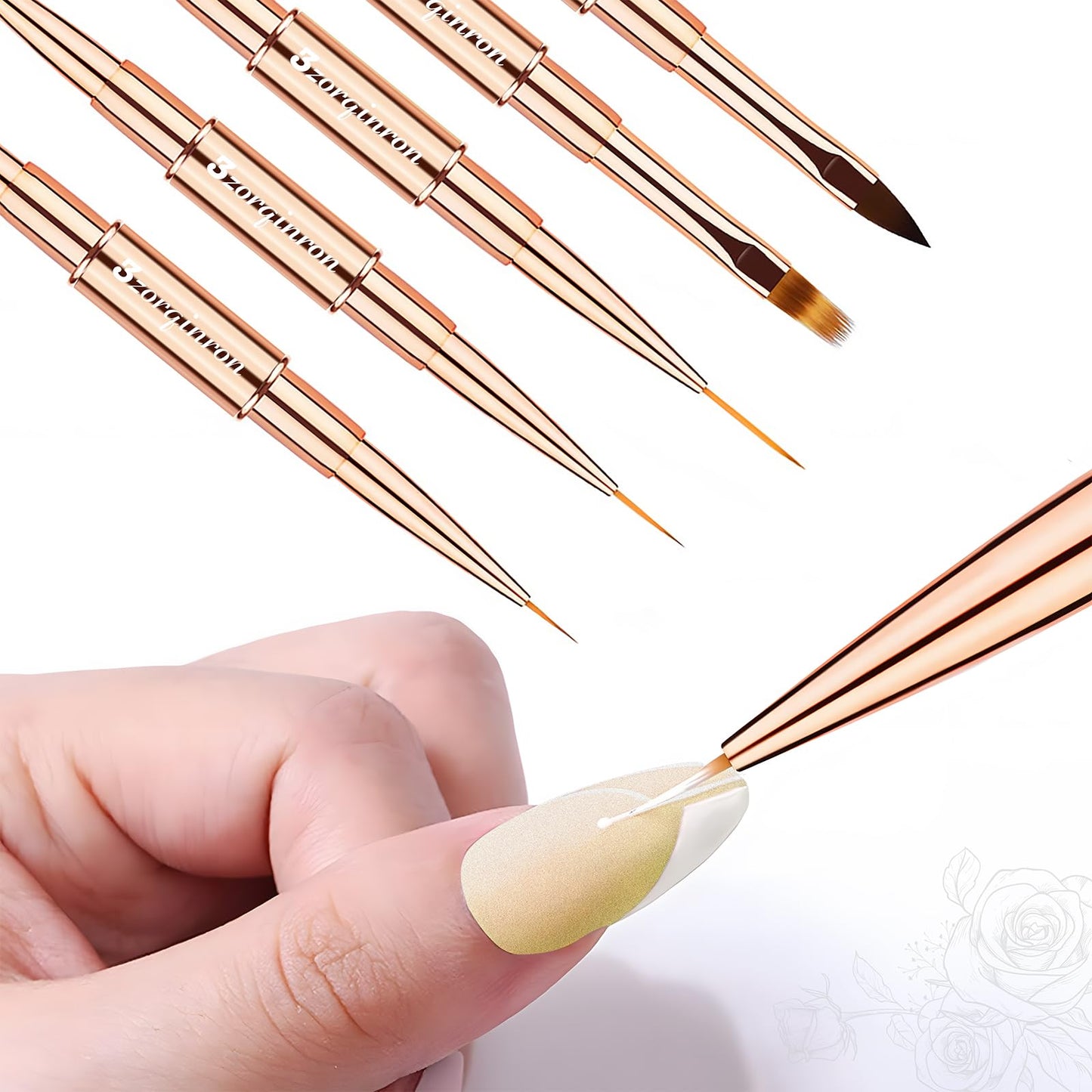 Nail Art Brushes for Nail Art, Professional 5Pcs Double-Ended Acrylic Nail Brush Set for Details, Long Lines, Ombre & 3D Design-Perfect for DIY Manicures & Salons (Gold)