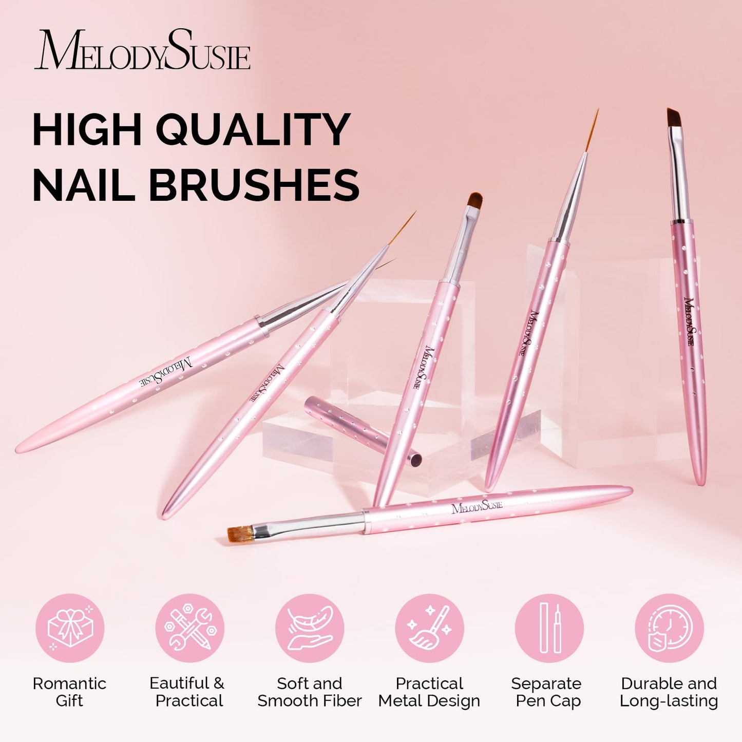MelodySusie 6pcs Nail Art Brushes Set, Professional Pen Nail Gel Brush, Nail Extension and Builder Brush, Liner Brush 3 Sizes, Fashion Design for Home DIY Salon Use, Rose Gold