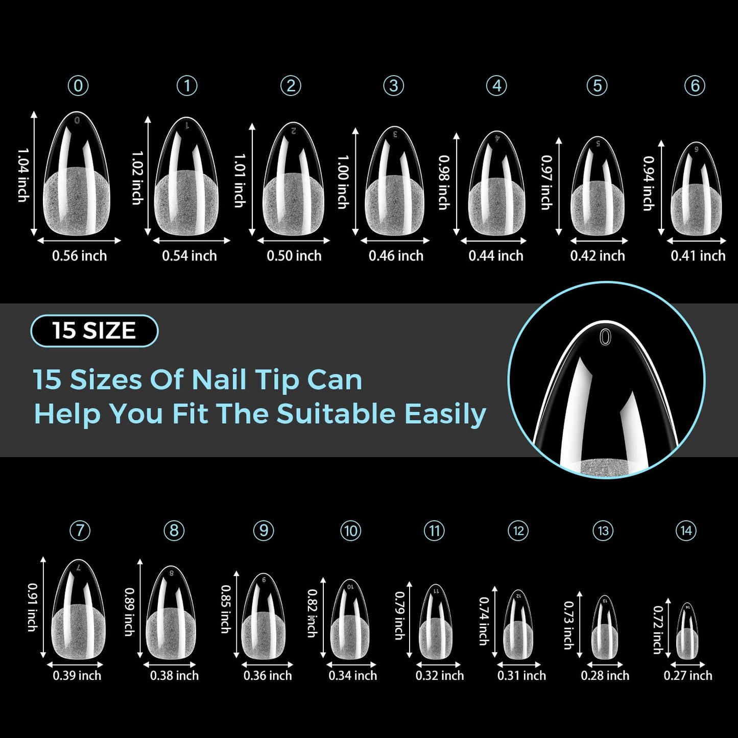 TOMICCA Medium Almond Nail Tips 510PCS, 15 Sizes Gel Nail Tips for Full Cover Half Matte Clear Acrylic Nails, Nail Tips Almond Shaped for DIY Salon, Gel Nail Extension Tips for Beginners & Nail Techs