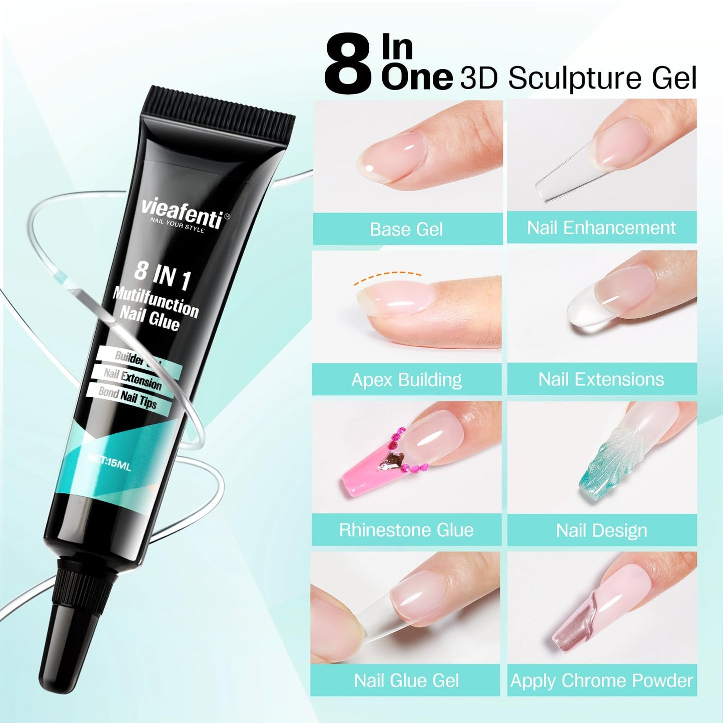 vieafenti 3D Sculpting Builder Gel Nail Art Kit - All In One Formula for Extensions, Sculpture, Designs, Chrome Powder, Rhinestones - Soak Off with UV/LED Lamp for Salon Home DIY