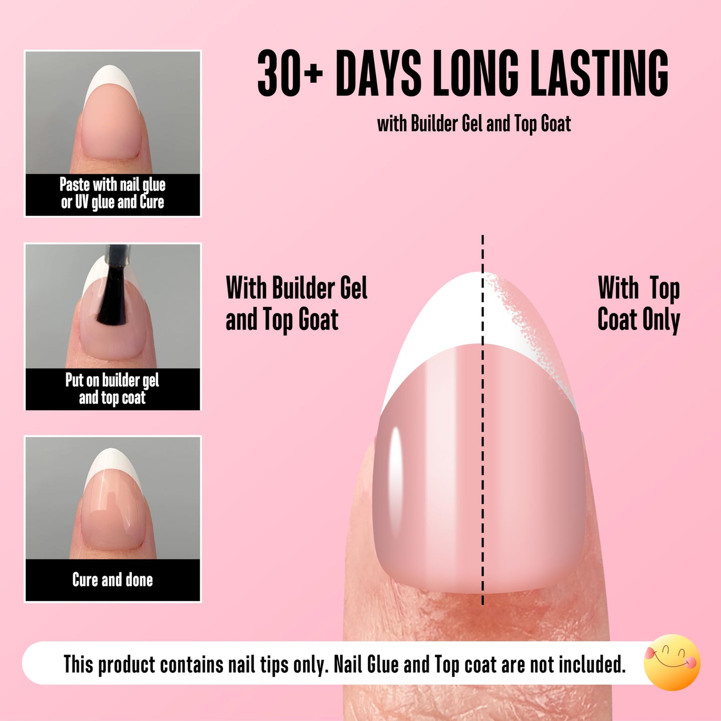 NOVO OVO Almond Short White French Tip Nail Tips Press on BABY PINK, Extra Thick Full Cover False Fake Nails, Need Builder Gel Top Coat & Glue, for Salon DIY Acrylic Extension x 16 Sizes 224 pcs