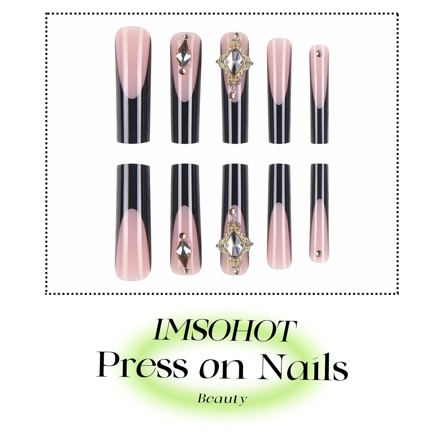 IMSOHOT French Tip Press on Nails Long Square Fake Nails with Golden Rhinestone Design Black Nail Tips Glossy Glue on False Nails Full Cover Stick on Nails for Women