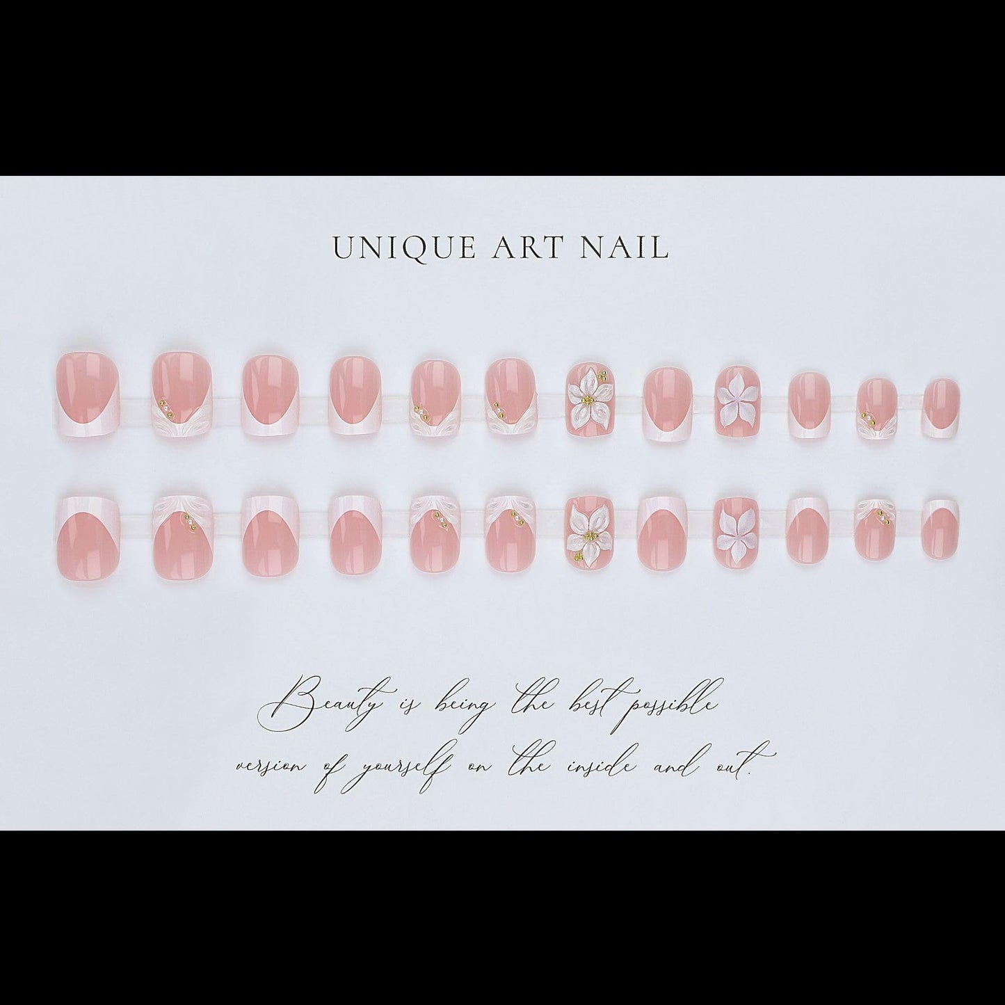 French Press on Nails Short Square White Fake Nails 3D Pink Flower Nail Press Ons with Gold Pearl Design Gold Nail Tip False Nails Spring Summer Stick on Nails Full Cover Glue on Nail for Women