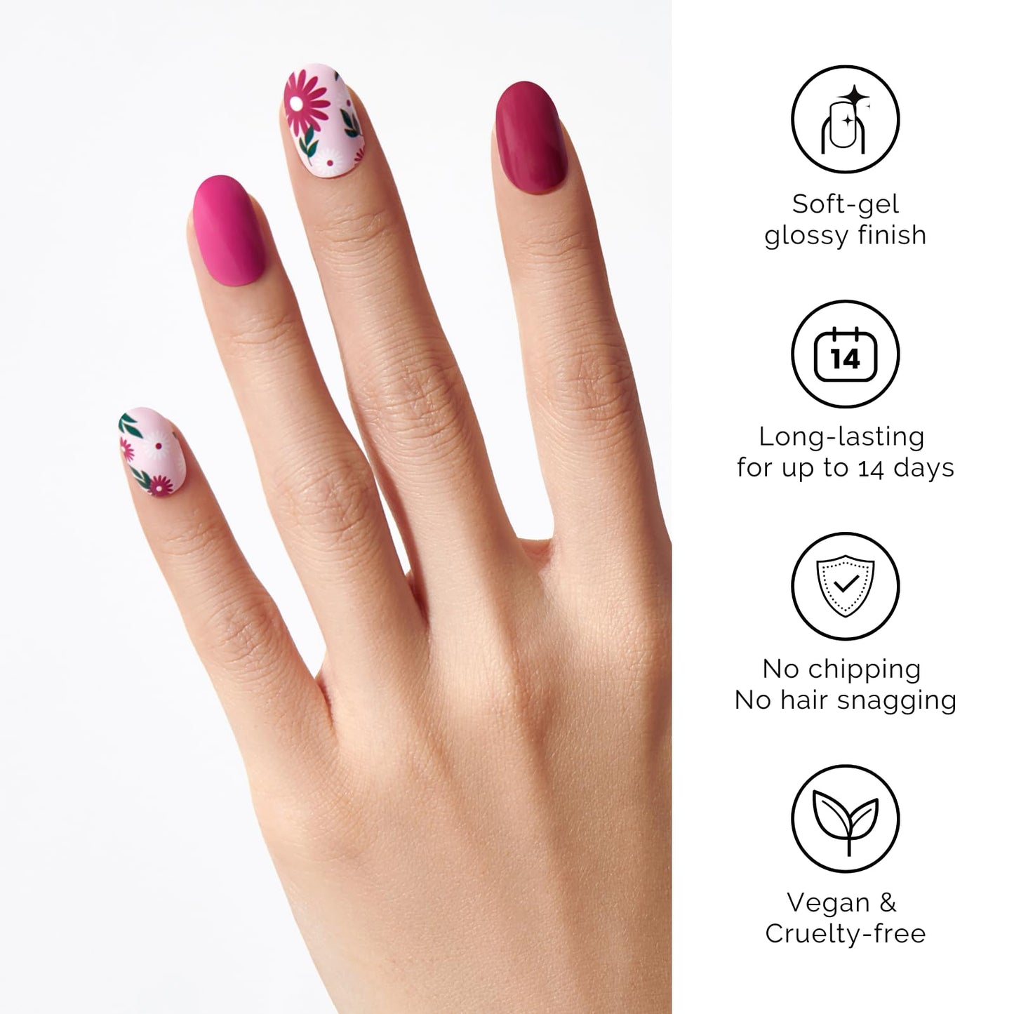Semi Cured Gel Nail Strips - NAILOG 34 Pcs Floral Nail Stickers Extra Long Nail with Glossy Gel Finishing for Autumn Winter, in The Meadow