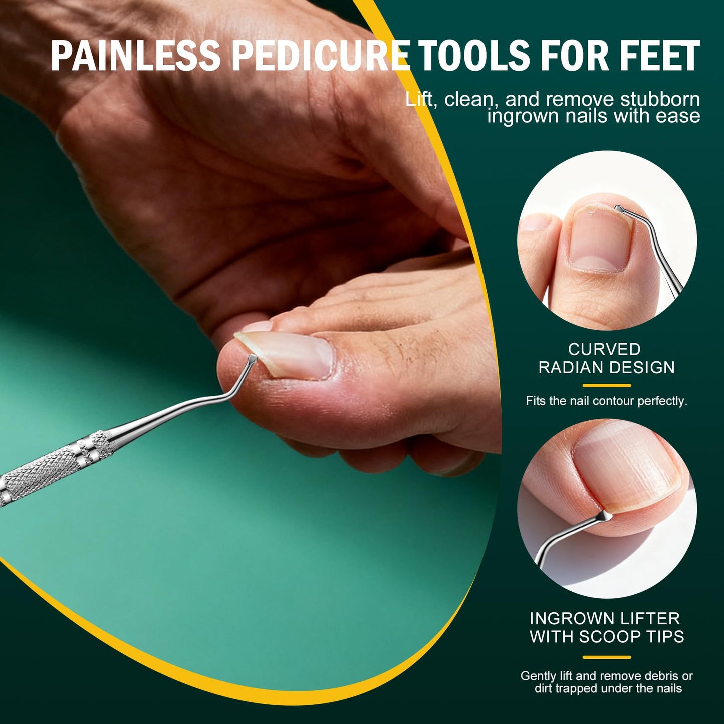 FVION Toenail File for Thick Nails and Toenail Lifter, 2pcs Stainless Steel Nail File and Ingrown Relief Set, Heavy Duty Metal Emery Board for Seniors, Men & Women Pedicure Tool (Green)