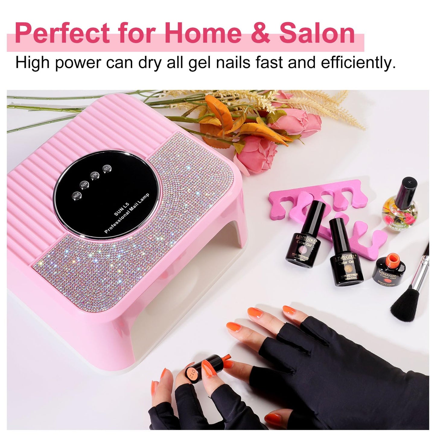 LIMEGIRL UV LED Nail Lamp Kit for Gel Polish Professional Fast Curing Pink Dryer Light Set with Protection Gloves Nail Art Cure Machine for Manicure Pedicure at Home and Salon