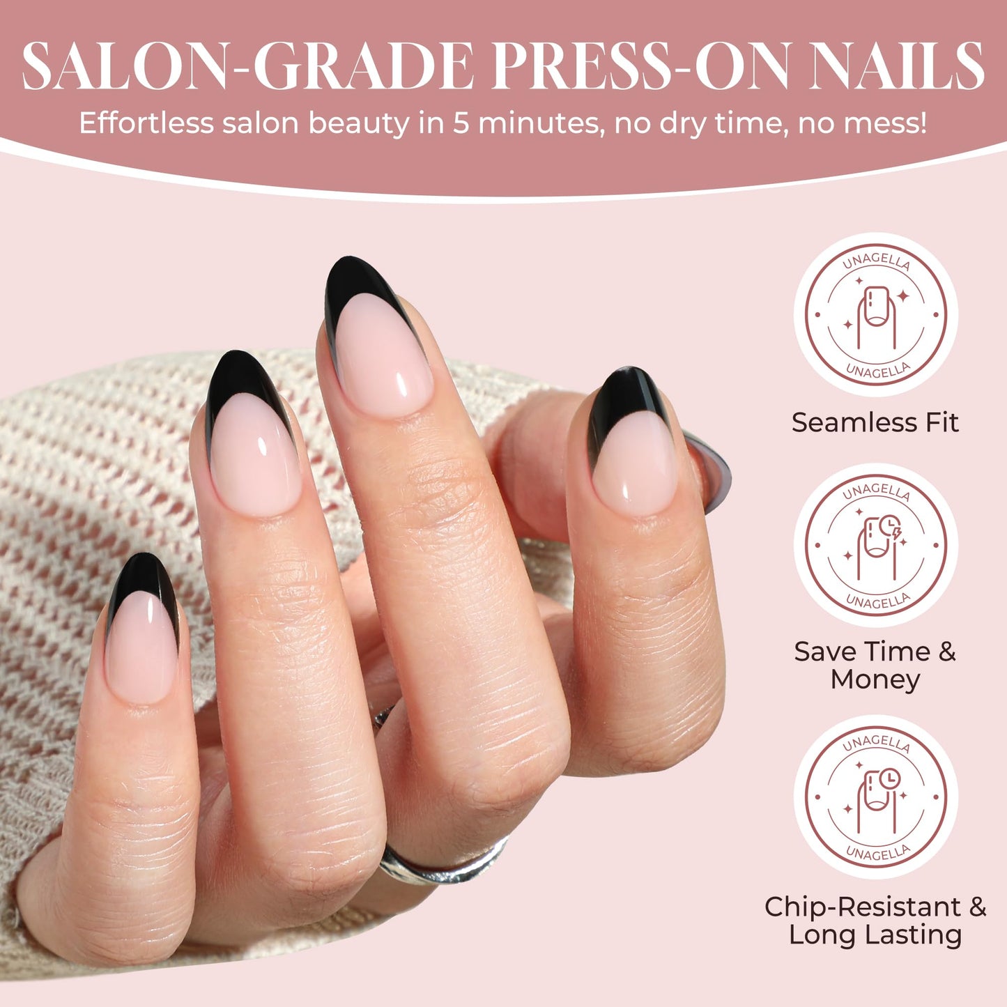 UNA GELLA French Tip Press On Nails Almond: Black Soft Gel Press Ons Short Kit with Nail Tips Glue on Nails, 16 Sizes - 32 Reusable Fake Nails, Black French