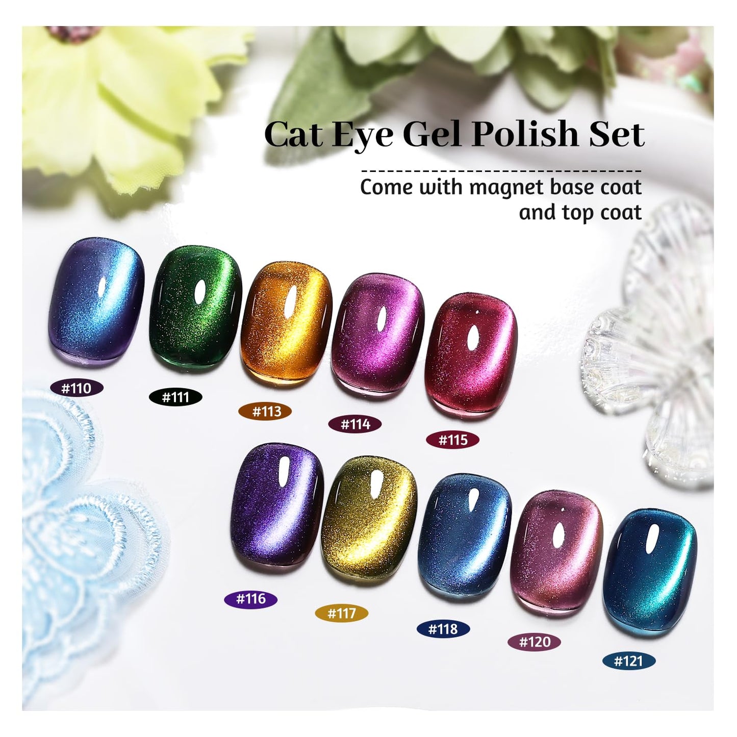 JODSONE Cat Eye Gel Nail Polish 10 Colors Blue Green Red with Base Coat Top Coat Magnet Stick Glazed Amber Cat Eye Gel for Home DIY