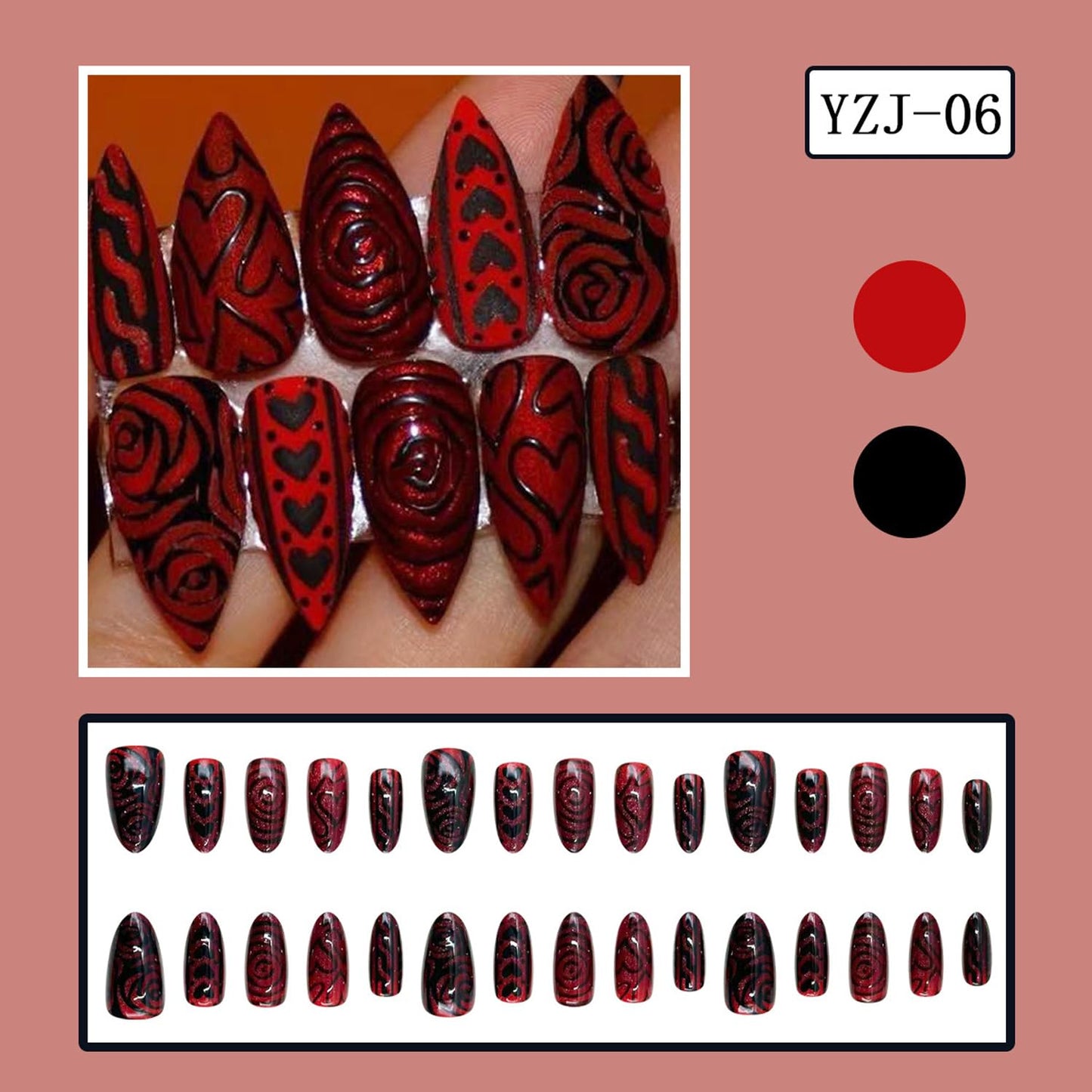 30Pcs Cute Valentine's Press on Nails Dark Red Fake Nail with Black Heart Rose Design Glossy Valentines Press On French Tip Stick on Stripes Full Cover Wine Red Glitter Love Artificial Nails for Women