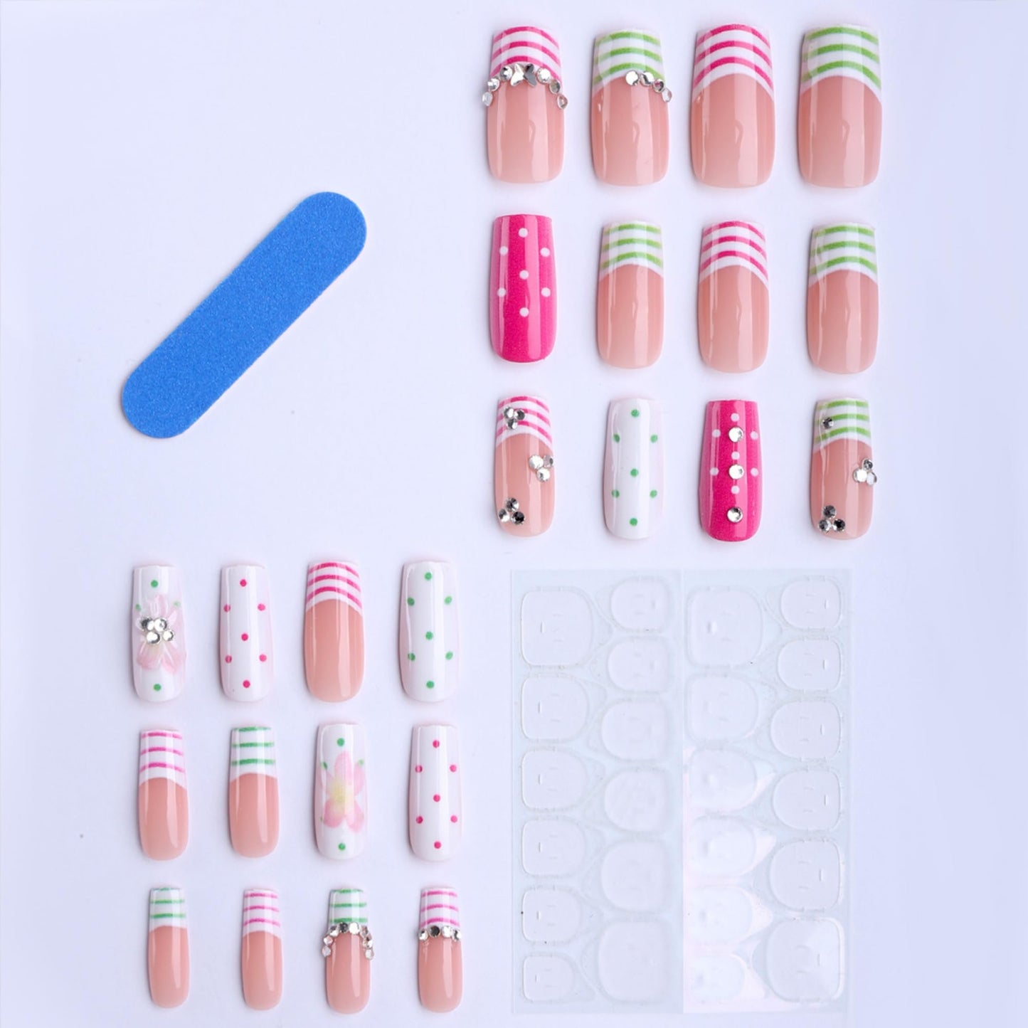 octoswave Medium Square Press on Nails with Polka Dot & Stripe Design - Acrylic Fake Nails for Women, Perfect for Parties, Dates & Office Wear - 24Pcs