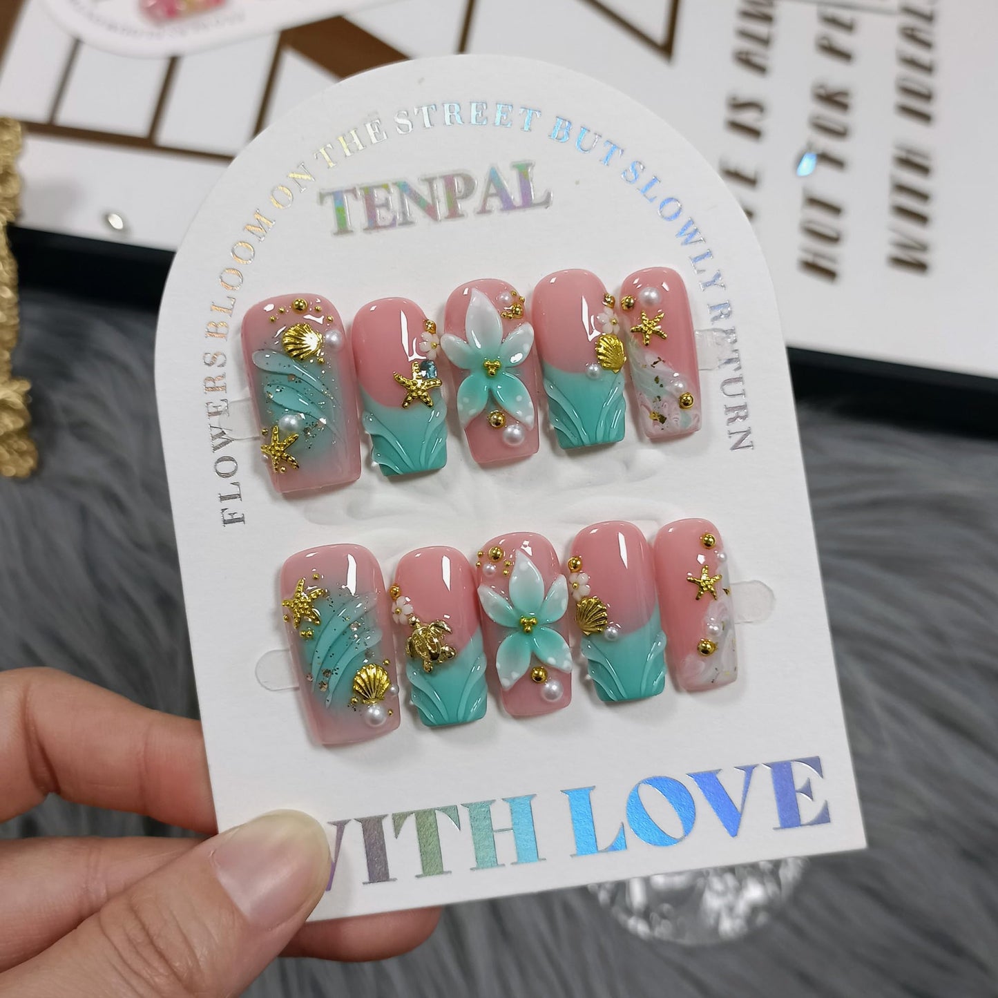 TENPAL Handmade Coffin Press on Nails Medium- Emerald Green Blushing Ombre Fake Nails with 3D Starfish & Shell Design, Coastal Elegance Style Glossy Acrylic Flowers False Nails with Tools(S)