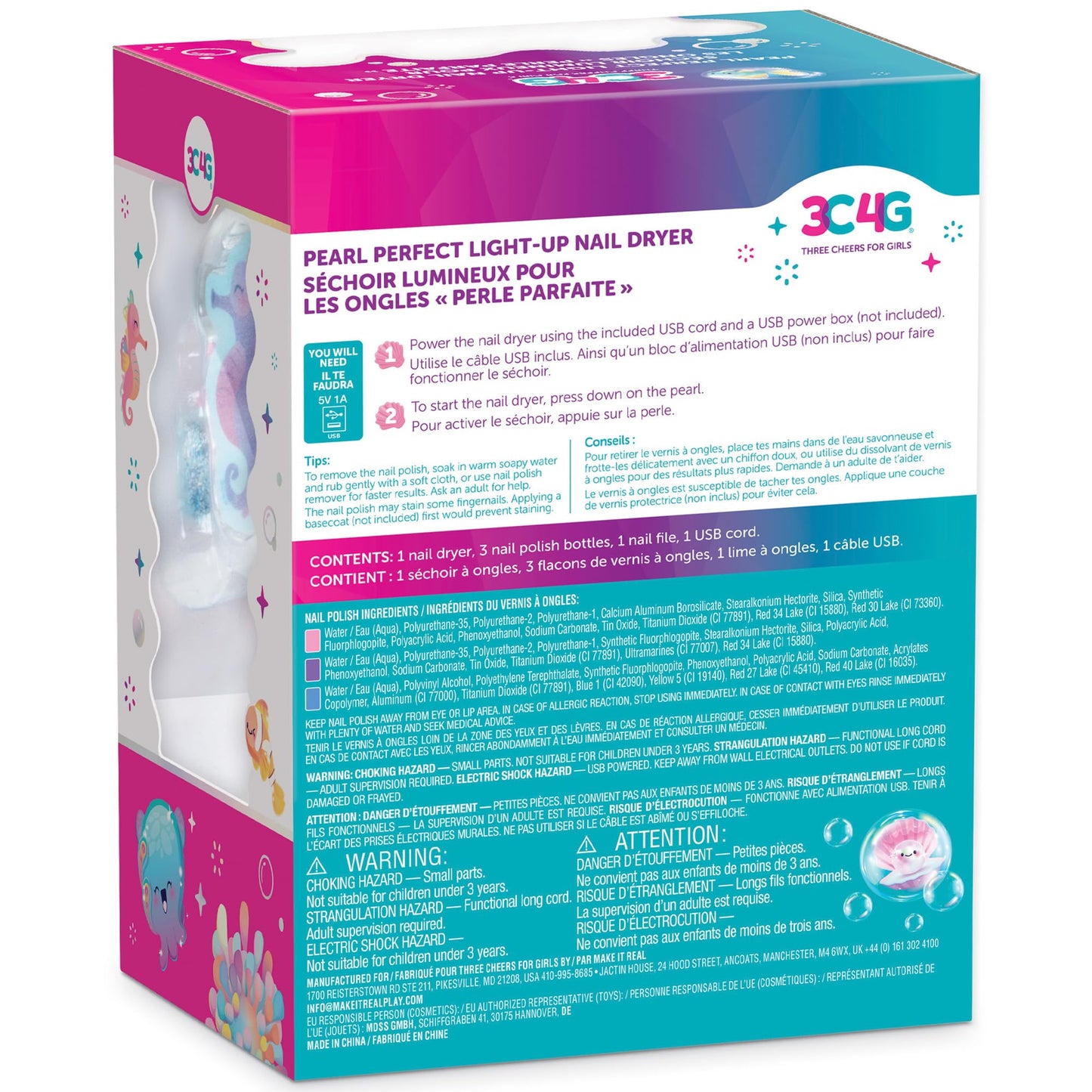 3C4G: Pearl Perfect Light-Up Nail Dryer - 6pc, Pink Shell Shaped Manicure Kit, Built-in Fan, 3 Nail Polishes, Seahorse Filer, Tweens-Girls-Kids 8+