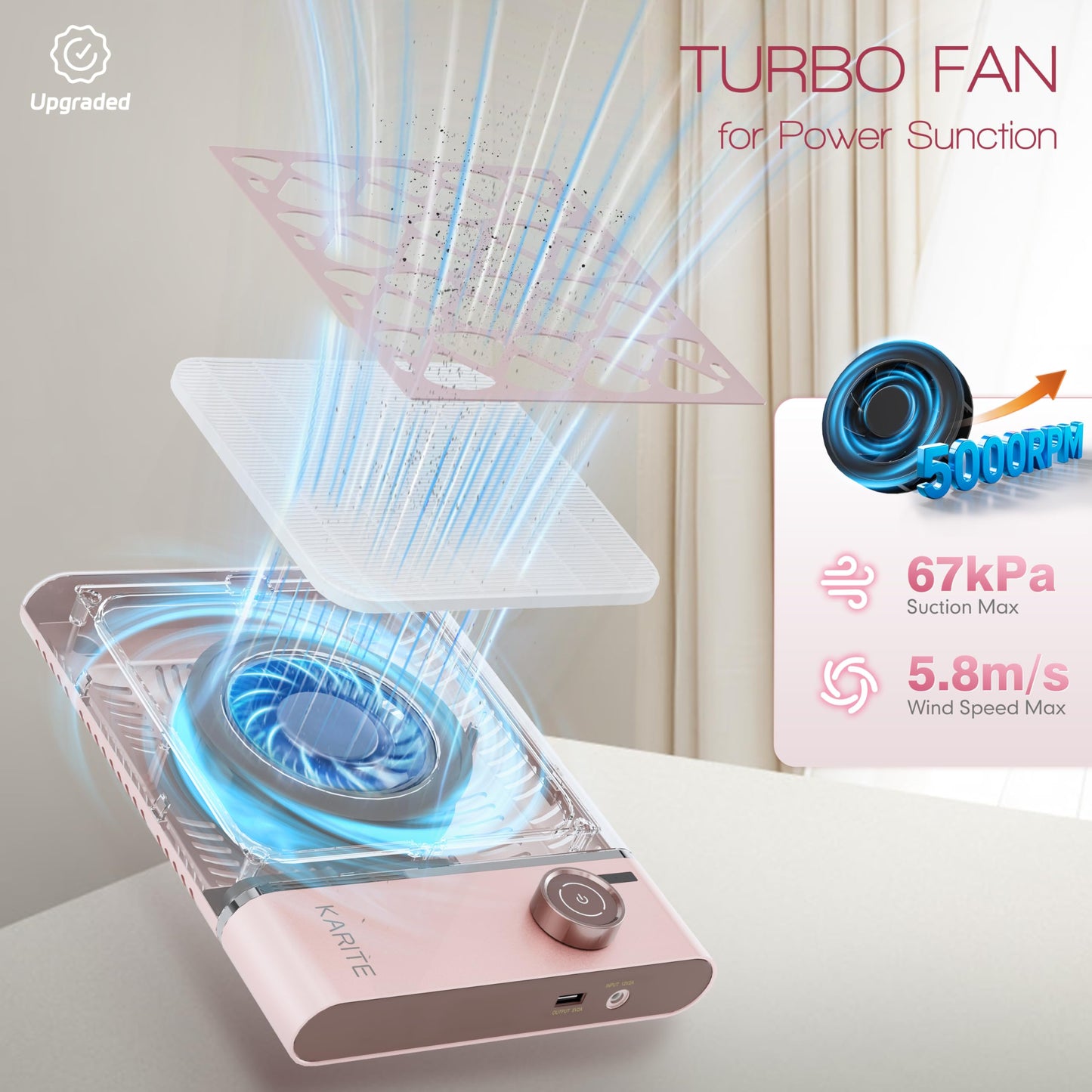 Karite Nail Dust Collector, Upgrade Vacuum Dust Collector with 30pcs Papers, 5000RPM Power Suction, 6000mAh Rechargeable Dust Collector Nail Tech, Cordless for Easy Use and Cleaning（Sakura Pink）