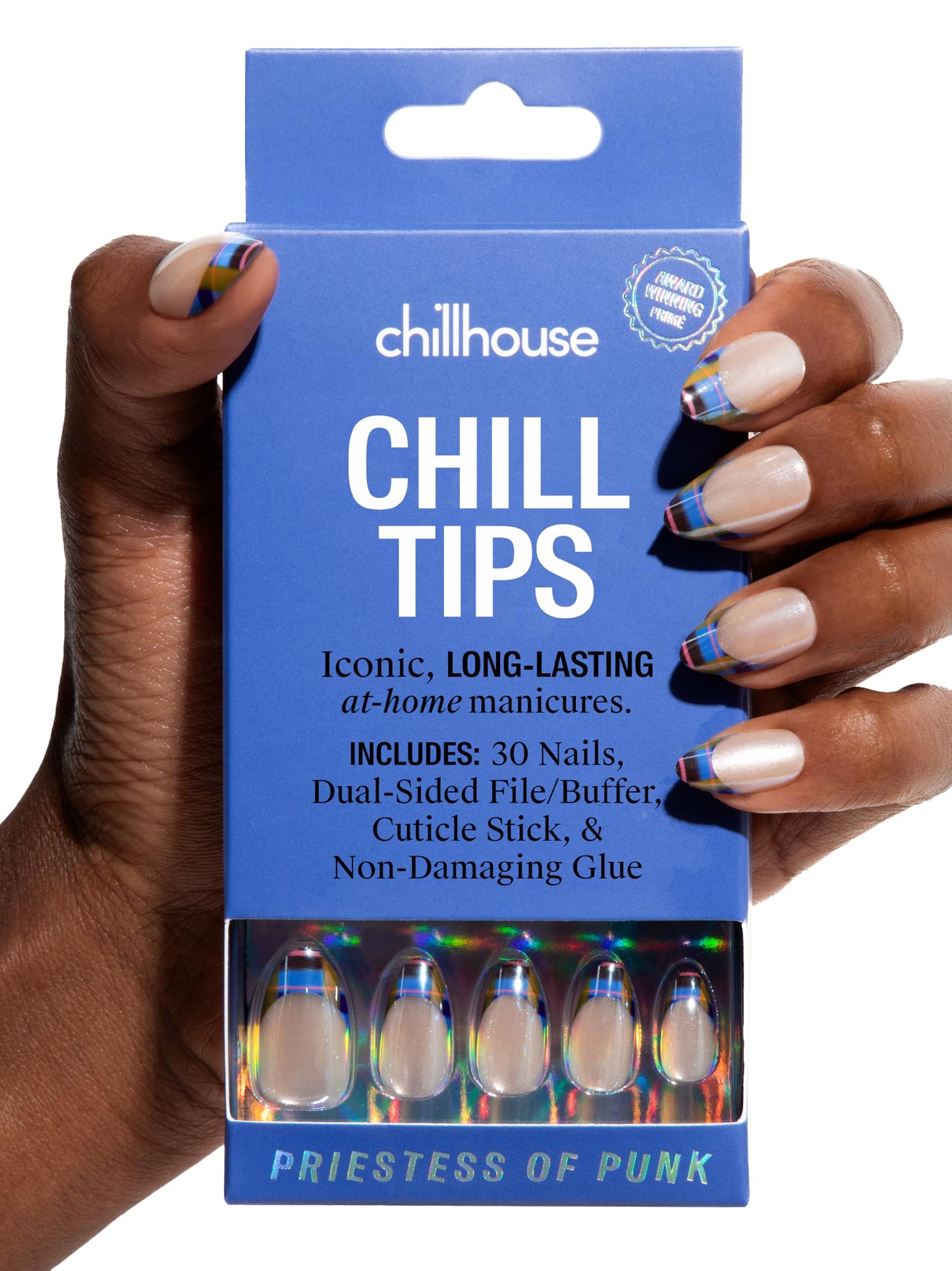 Chillhouse - Chill Tips, French Tip Press On Nails Kit - Priestess of Punk (Almond) - 30 Nail Shapes & Sizes - 2 Weeks of Wear - Customizable Fit - French Manicure Kit - Women Owned, Beauty, Self Care