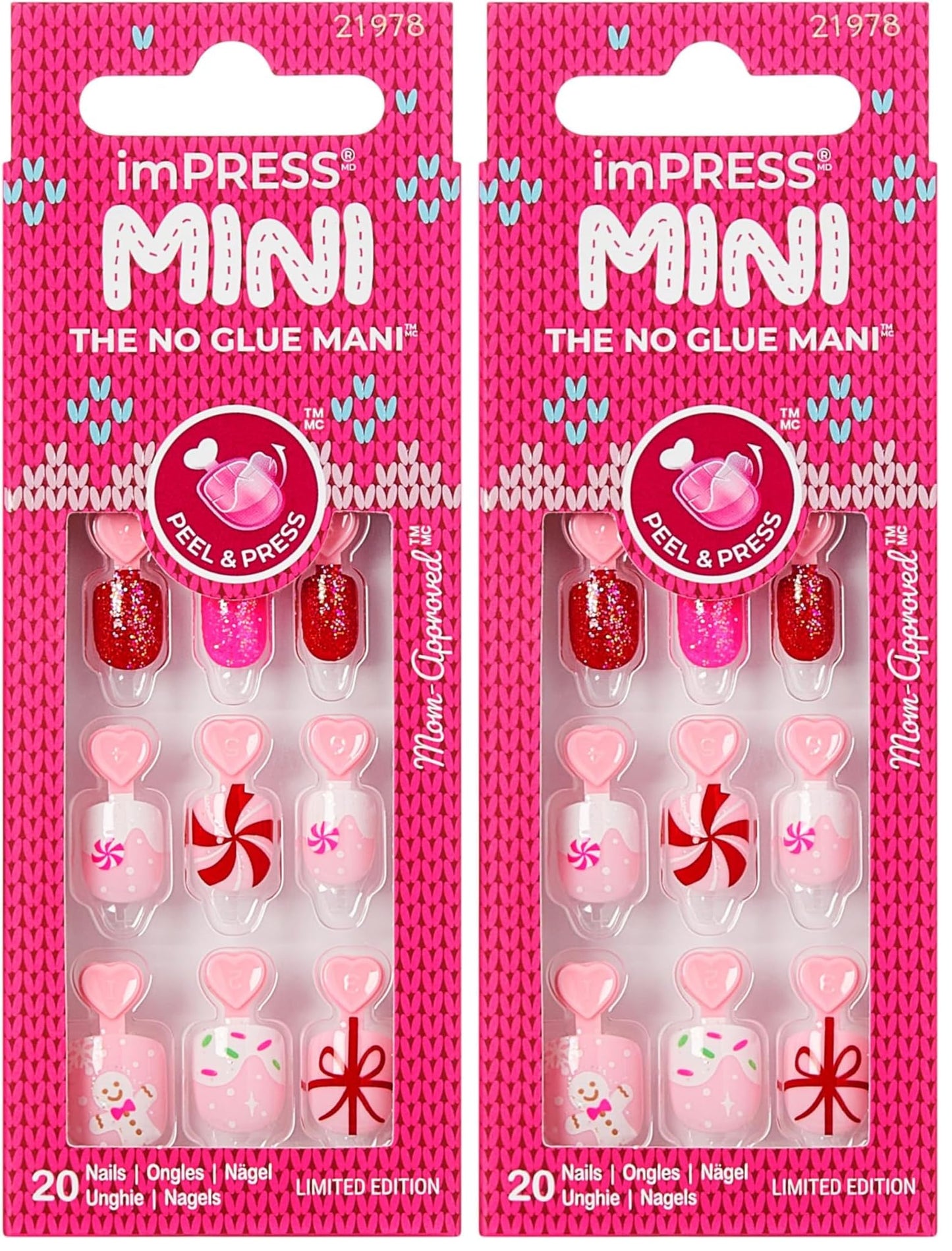 KISS imPRESS Mini Holiday Press On Nails for Kids, ‘Frostsnow’, Pink, Child Size, Squoval Shaped, Mess-Free, Mom Approved, Non-Toxic, Breakaway Application Tabs, Nail File, 20 Fake Nails (Pack of 2)