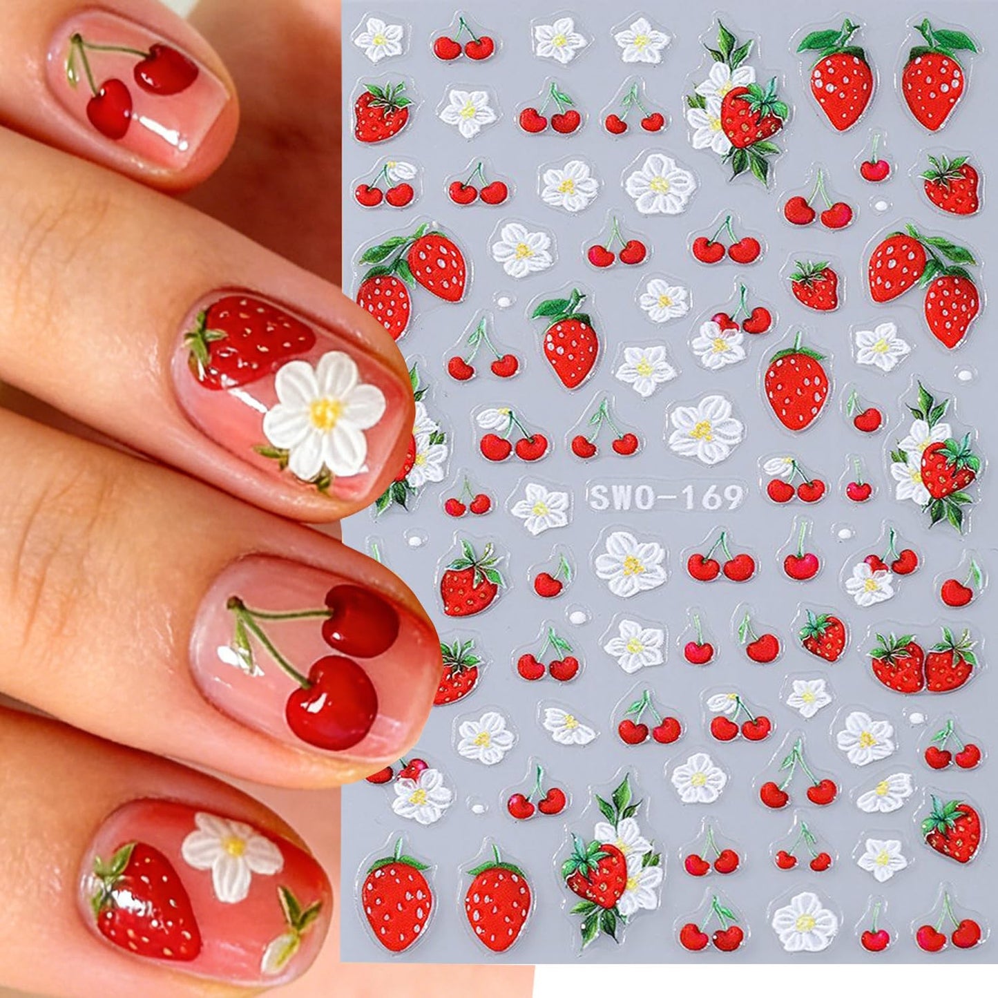 CJDLTS 2 Sheets Strawberry Flower Nail Art Stickers 3D Self -Adhesive Cute Strawberry White Floral Nail Decals Holographic Spring Nails Stickers for Women Summer Acrylic Nails Decoration Supplies