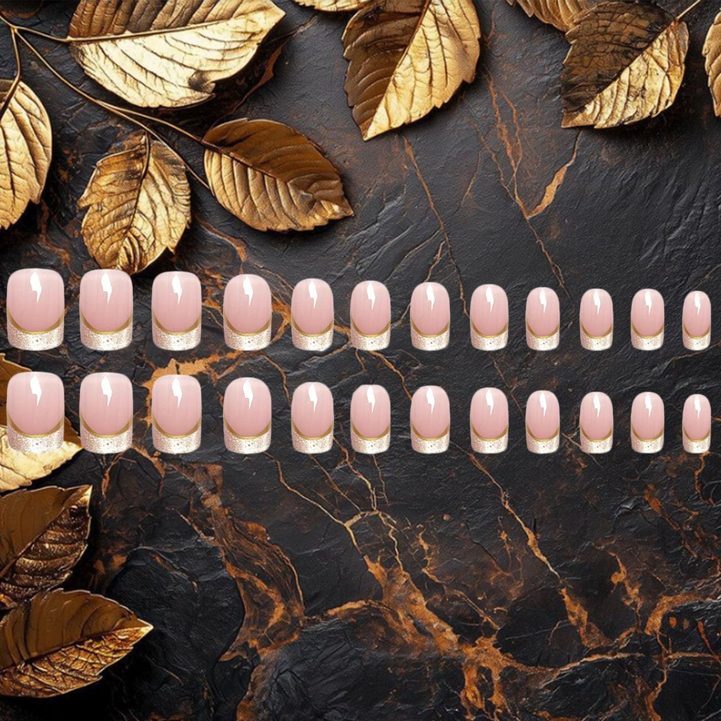 French Tips Press on Nails 24Pcs Glossy Gold Curve Line Short Square False Nails Cat Eye Acrylic Fake Nail Sparkly Polish Stick on Fingernails Polish Gel Glue on Nail for Coquette Women Girls