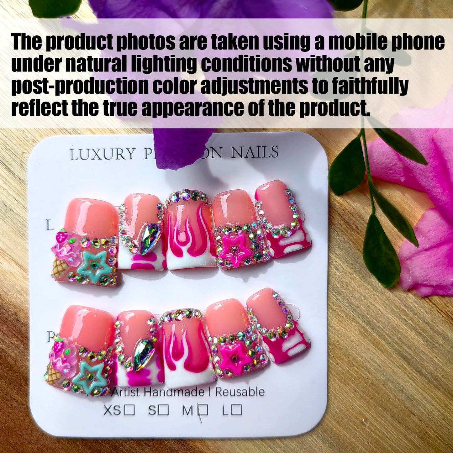 Gleamrain Handmade Press on Nails short Square Shape M Size/Gleamrain Luxury Duck Hand Made Cute Acrylic Glue on Nails With Rhinestones and Flower Design Duck Nail for Women and Girls 10 Pcs