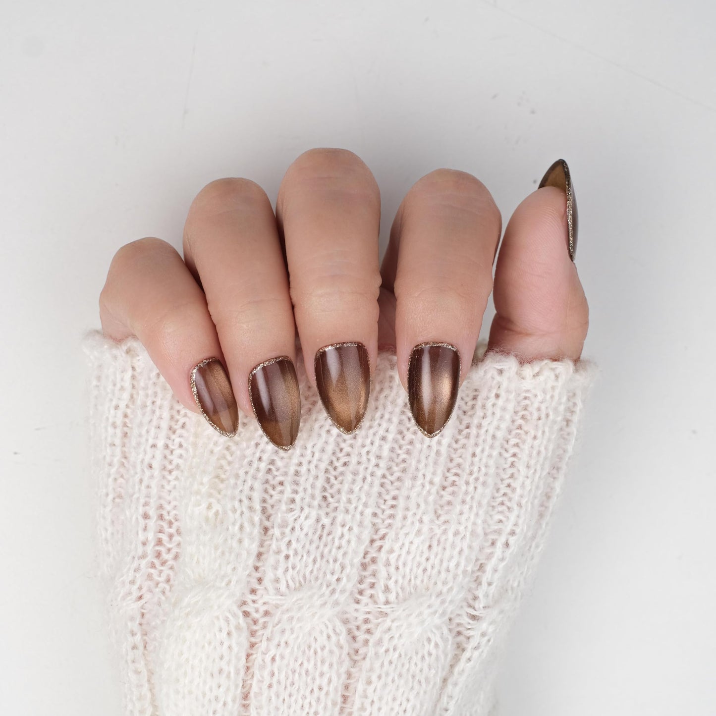 Nailique Press On Nails Short Almond – Handmade Espresso Mocha Brown Cat Eye Soft Gel with Gold Trim Outline, 26pcs Reusable Nail Tips with Glue & Remover, Salon Quality Luxury Chic Manicure