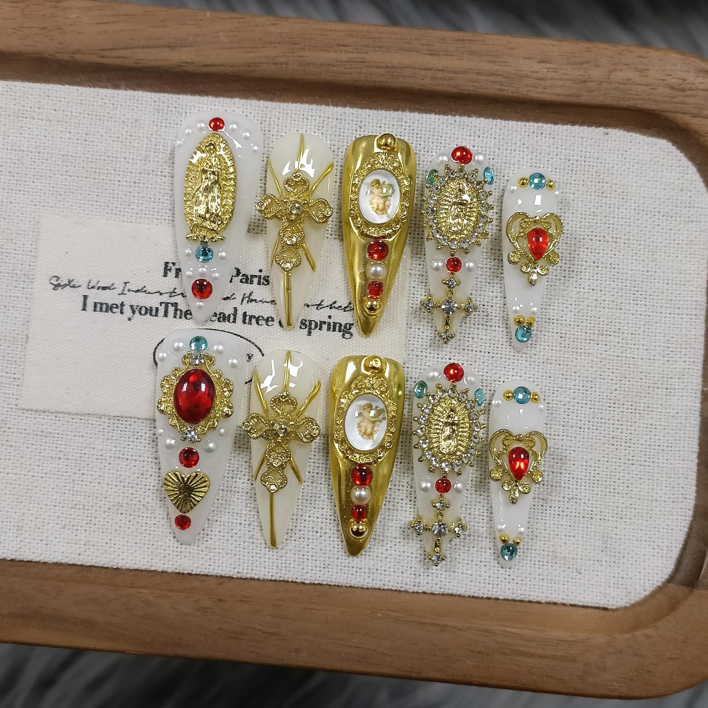 TENPAL Handmade Press on Nails Long Stiletto - Religious Metallic 3D Design Fake Nails with Our Lady Cross & Angel Charms,Acrylic Glossy Luxury Baroque Gothic Style False Nails for Formal Events(L)