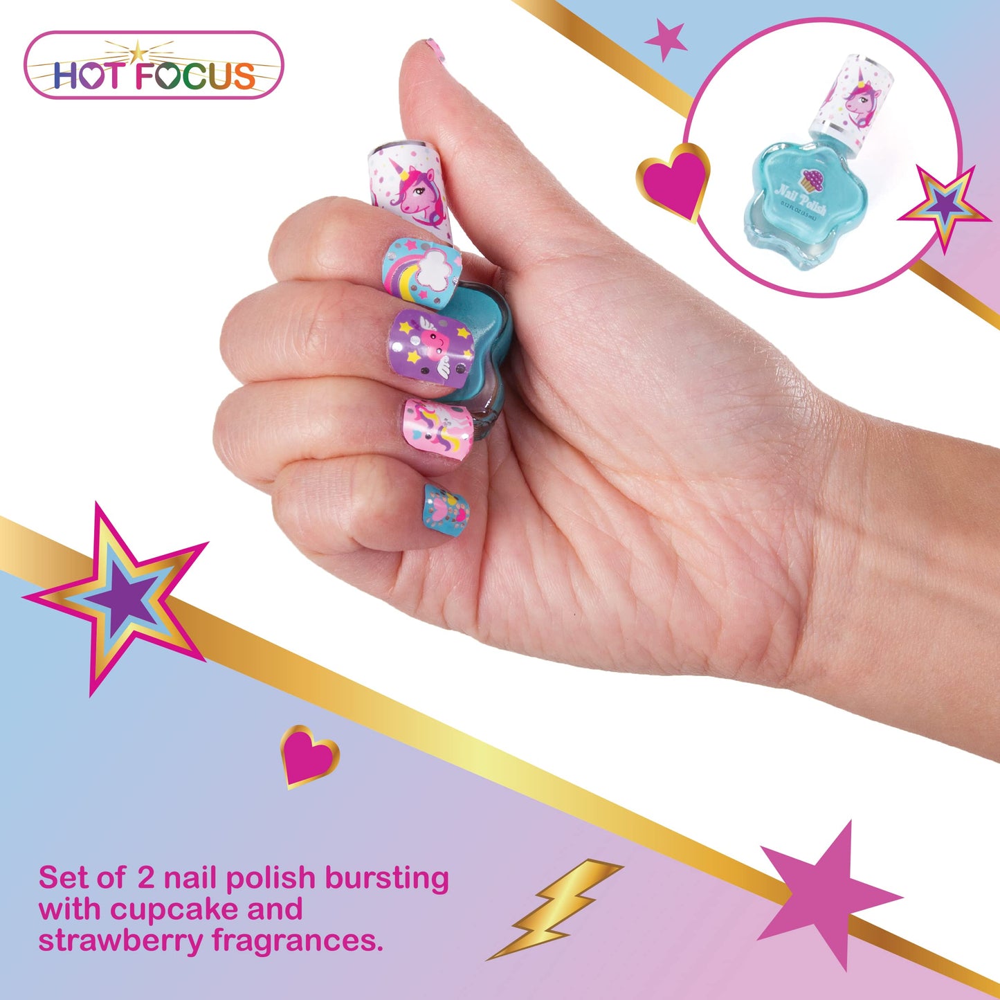Hot Focus Scented Nail Boutique – 168 Piece Unicorn Nail Art Kit Includes Press on Nails, Nail Patches, Nail Stickers, Nail Polishes, Nail File and Ring – Non-Toxic Water Based Peel Off Nail Polish