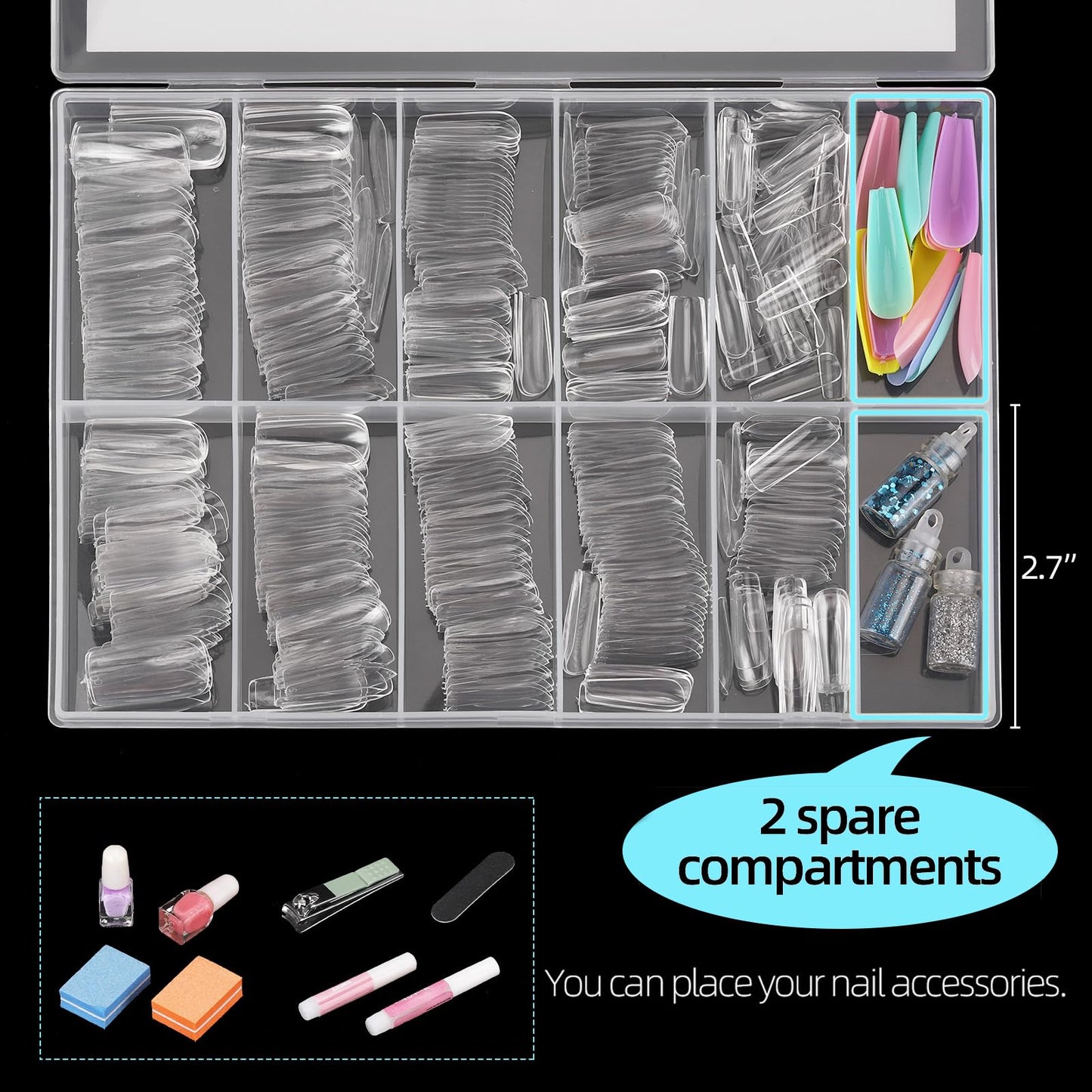 500Pcs Square Nail Tips Full Cover Clear Fake Nail Tips for Acrylic Nails, Size 0~9