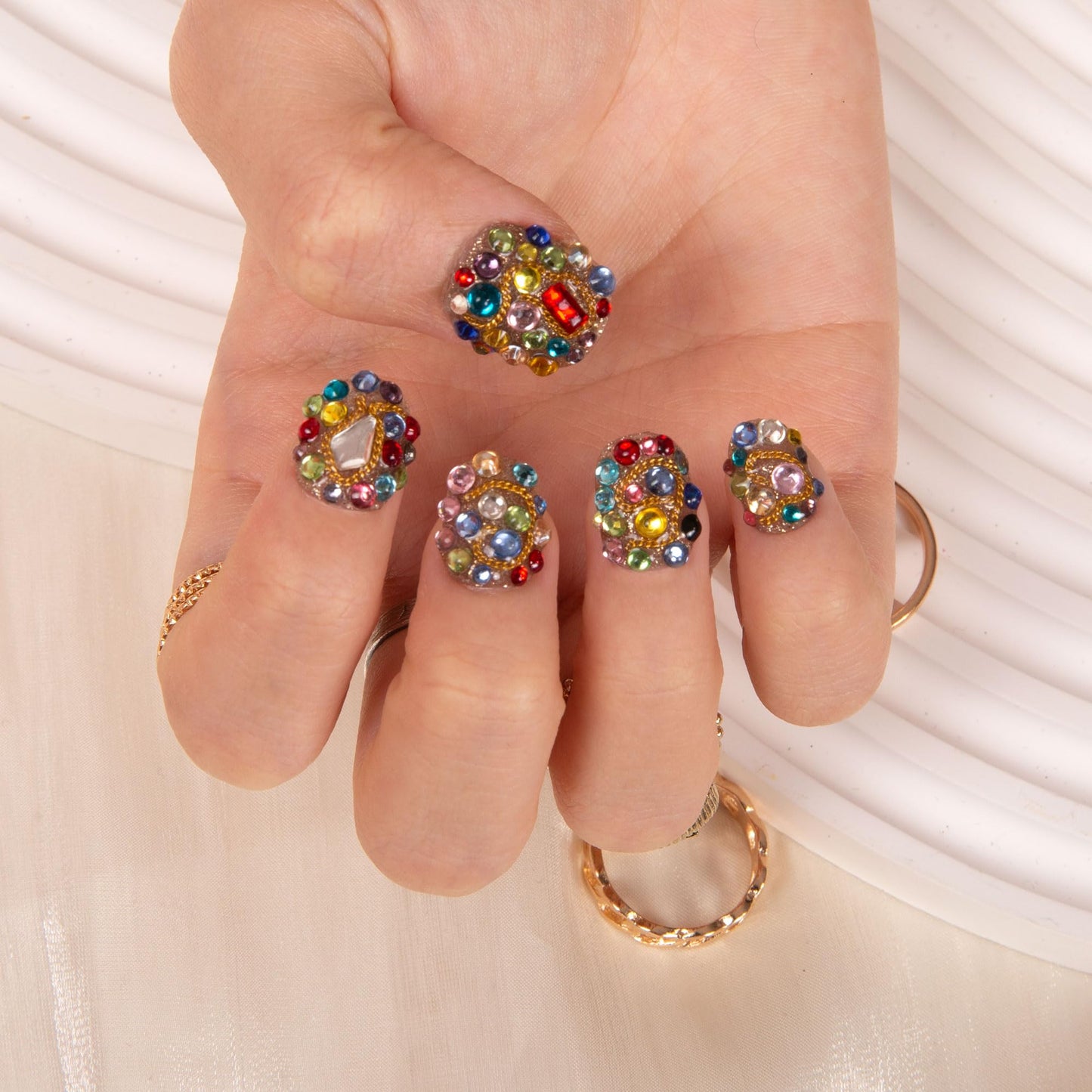 LOVFUL Press on Nails Rainbow Luxe | Handmade with Full Covered Crystals | Reusable Full Cover Nails | Square Short 0.8 in | K21(YH482)-S
