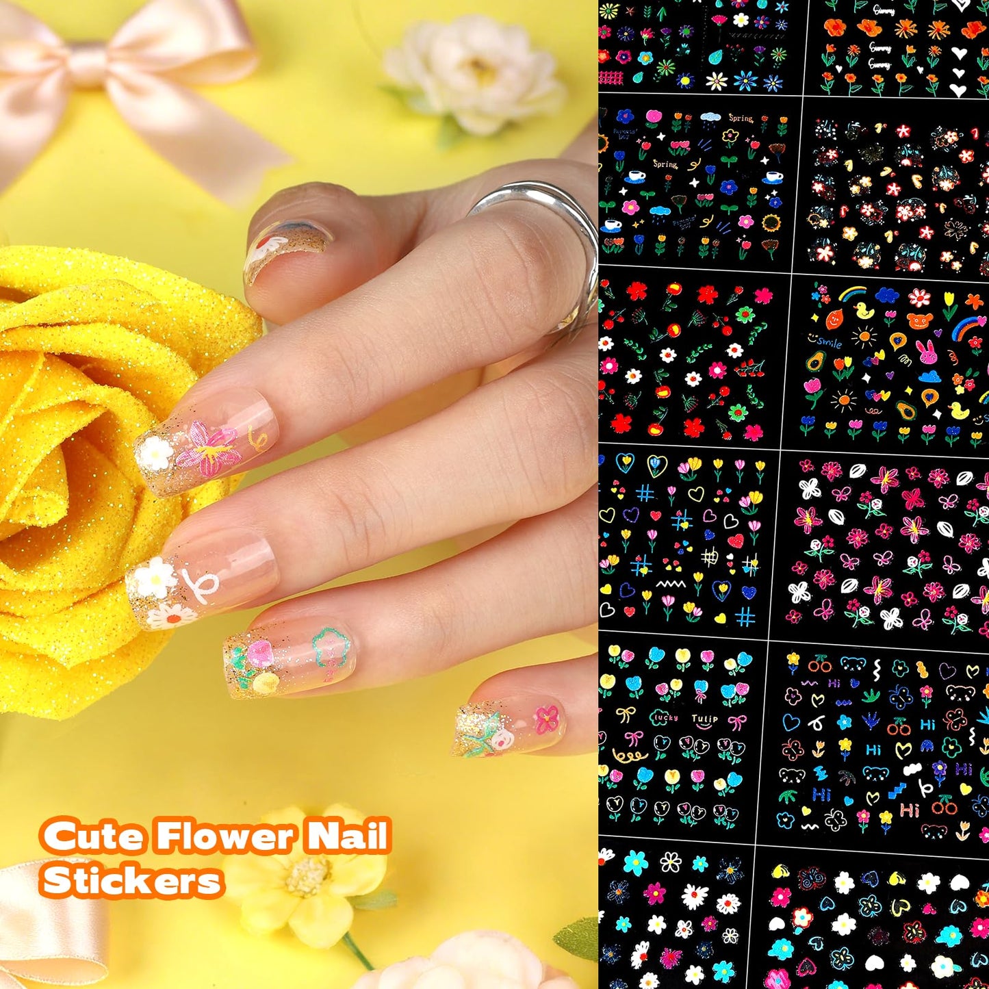 Teenitor 50 Sheets Nail Stickers for Kids, 3D Cute Girls Nail Art Stickers, Heart Flower Butterfly Bow Nail Decals for Nail Art, Fingernail Stickers for Women, Self Adhesive Nail Decorations in Summer