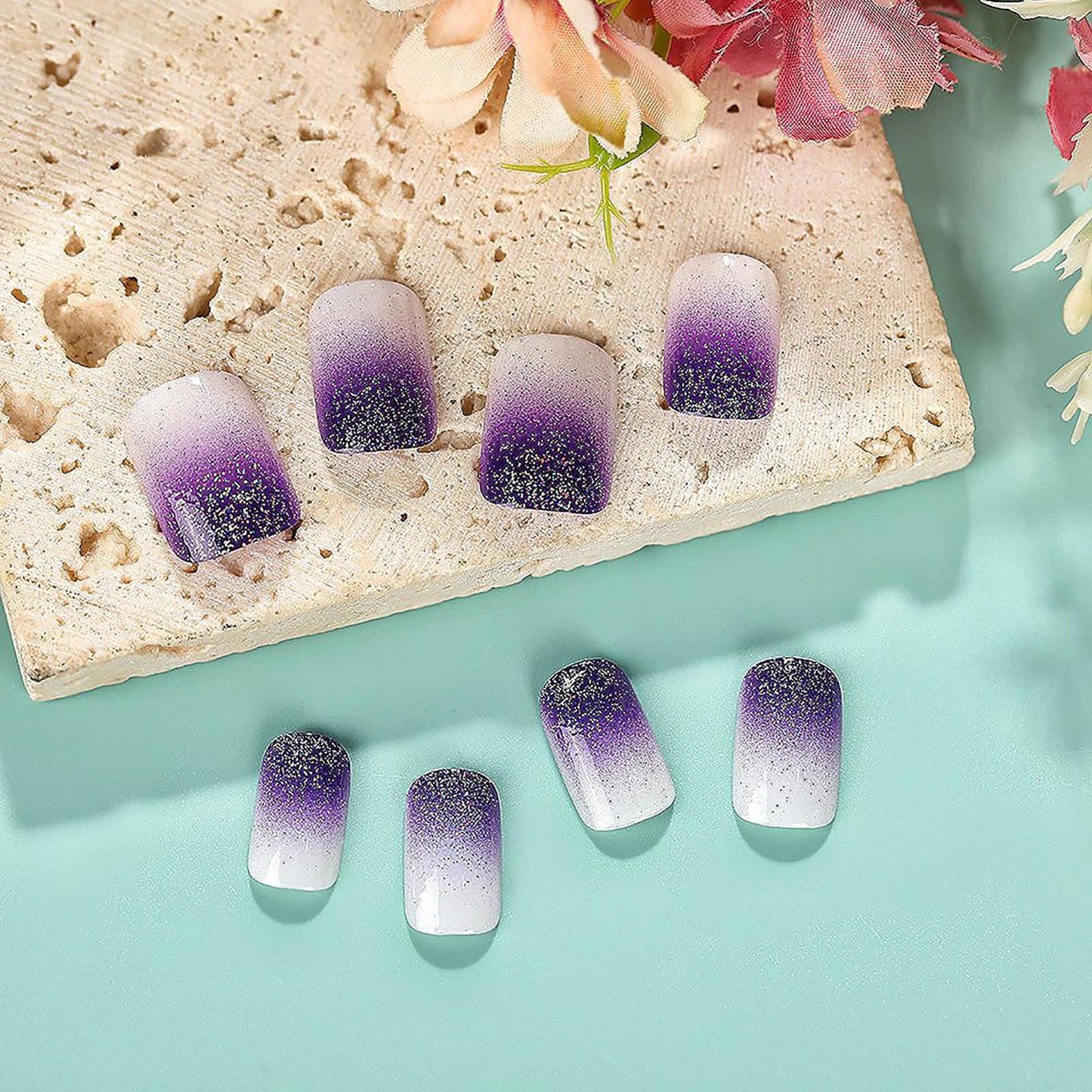 Square Press on Nails Short Fake Nails Purple French Tip False Nails Ombre Glue on Nail with Glitter Designs Nails Press ons Acrylic Glossy Stick on Nail for Women and Girls 24Pcs