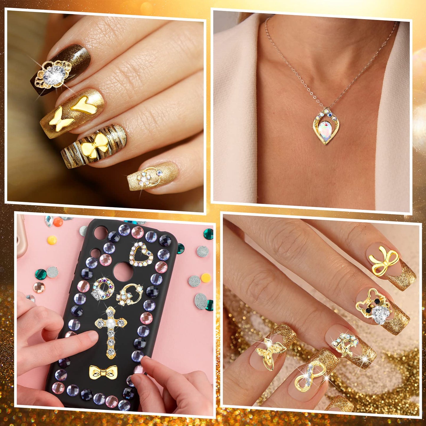 Lounsweer 100 Pcs Gold Nail Charms and Gems, 3D Gold Rhinestones Shiny Metal Crown Heart Butterfly Angel Luxury Crystal Diamonds Decor for Acrylic Nails Art Alloy Women Art Design DIY