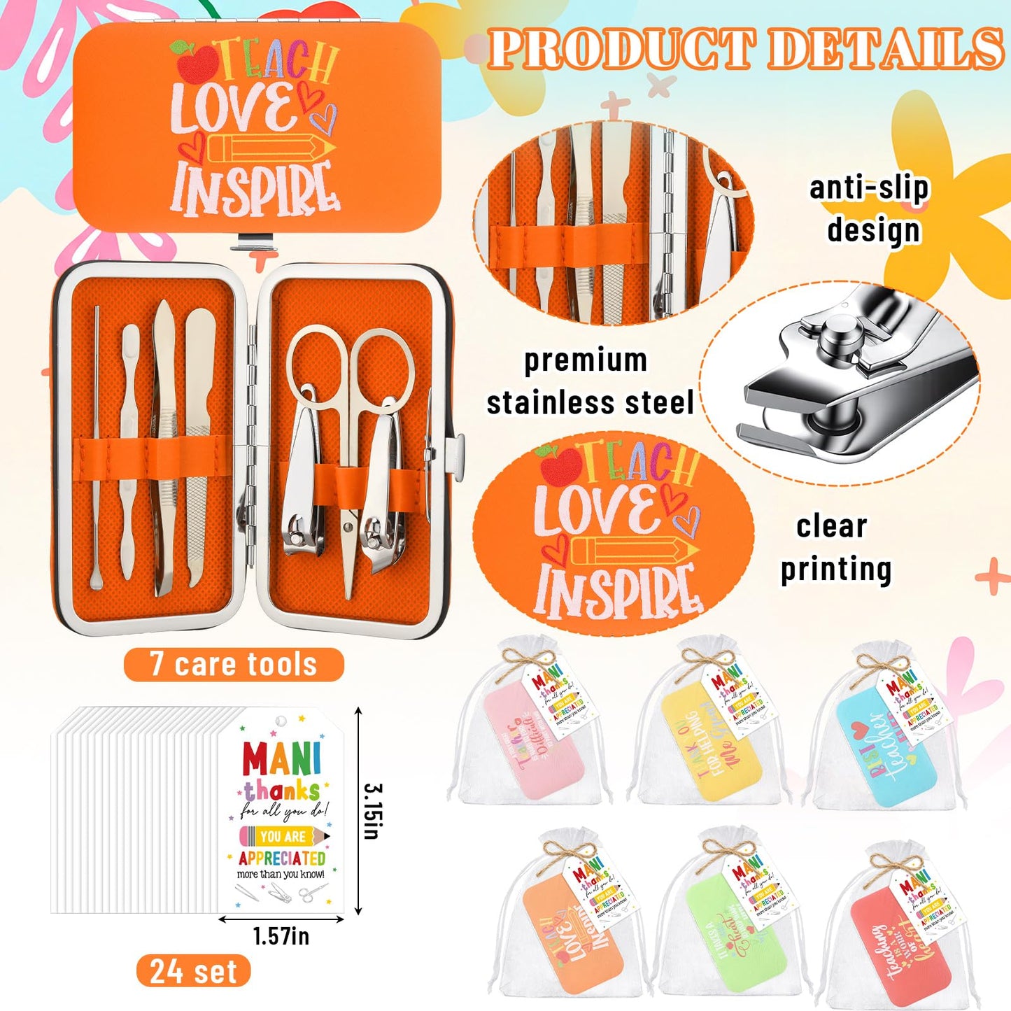 Lanties 24 Sets Teacher Appreciation Manicure Gifts for Women 24 Nail Clippers Pedicure Kit Stainless Steel Grooming Inspirational Kits 24 Bags 24 Cards Thank You Gifts for End of Year Teachers Gift