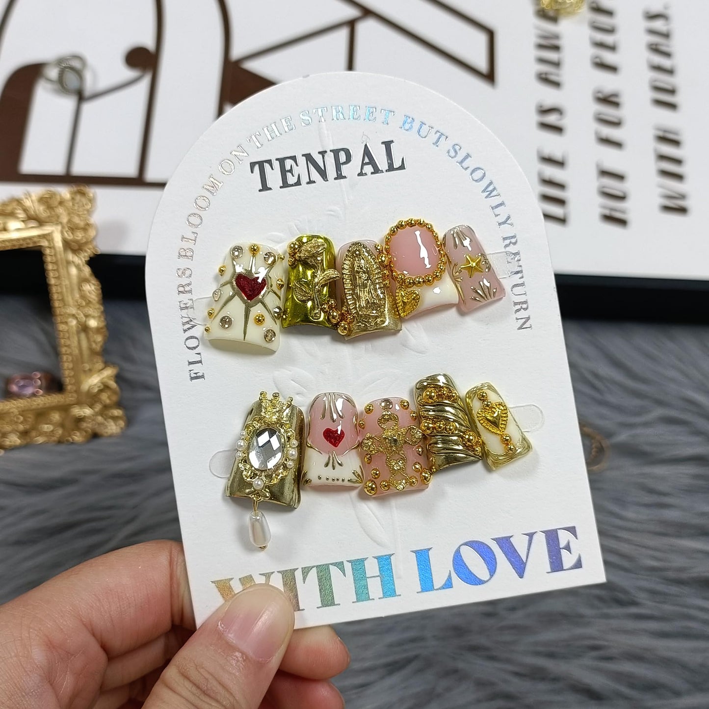 TENPAL 10Pcs Ballerina Press On Nails With Tools,Egyptian Palace Relief Glue on Nails with Gold Cross & Pearls,Handmade 3D Saint Charms Fake Nail Kits, Vintage Epic Acrylic Coffin Duckbill Nails(L)