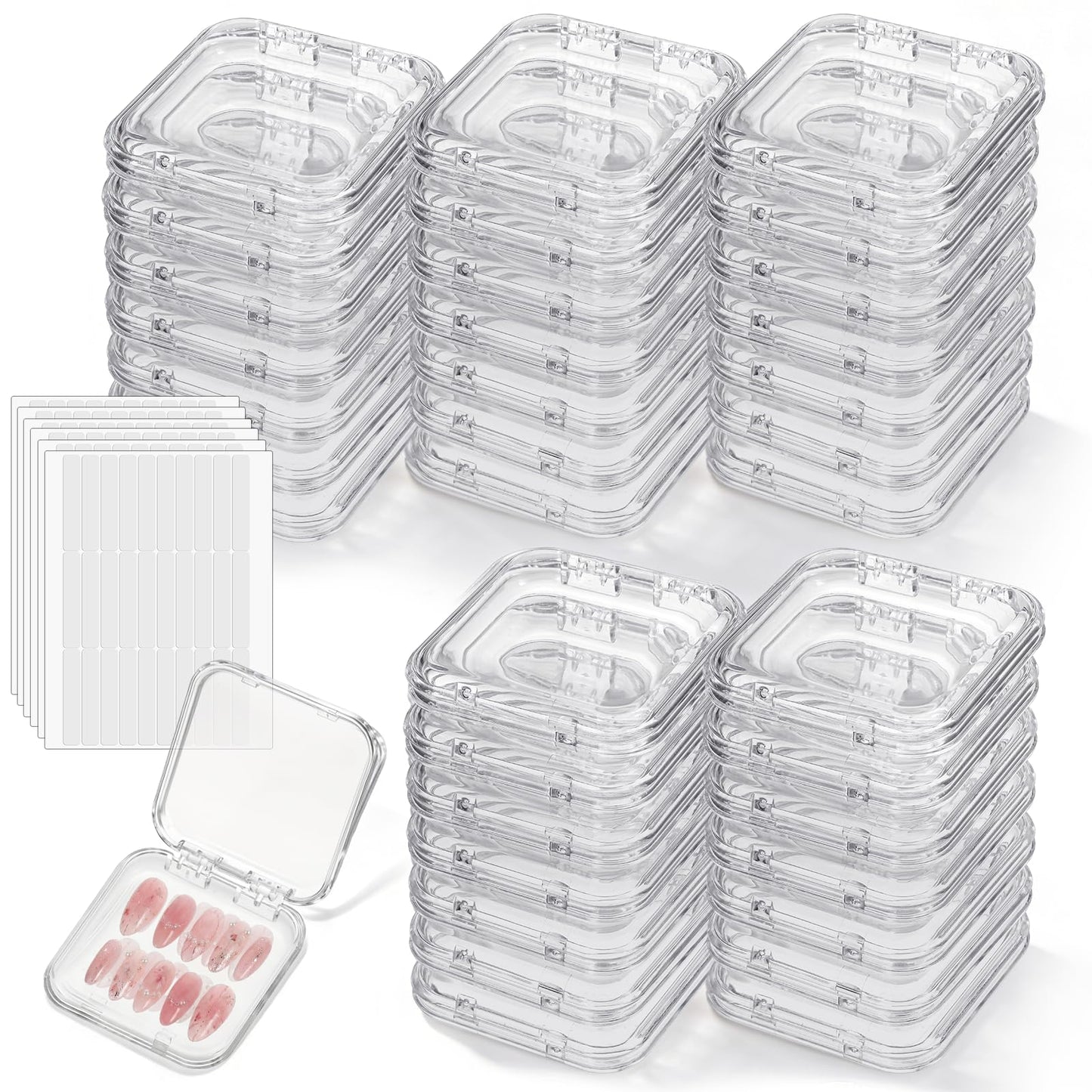 SHENLIU 50 Sets Press On Nail Storage Box, Clear Artificial Nail Display Case Acrylic Nail Boxes Press On Nail Packaging Box with Adhesive Double Sided Tape Nail Boxes for Nail Salon
