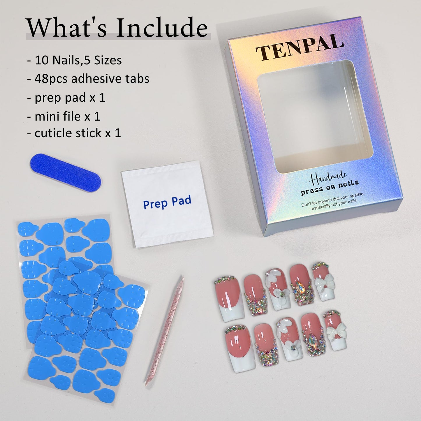 TENPAL Handmade Press on Nails Medium Long Square - Sheer Nude French Tip Fake Nails with 3D Floral, Full Cover Glitter 3D Bow Design False Nail Tips for Women Girls Daily Wear Parties Gifts(L)