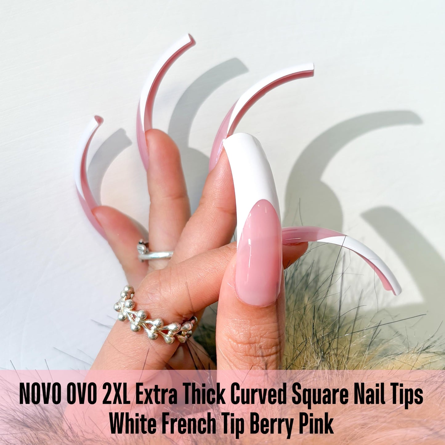 NOVO OVO XXL Curved Square White French Tip False Nail Tips Press on, BERRY PINK Full Cover Extra Thick Long XL Acrylic Hawk Curve Fake Extension Kit, Need Top Coat for Salon DIY 12 Sizes 144 pcs