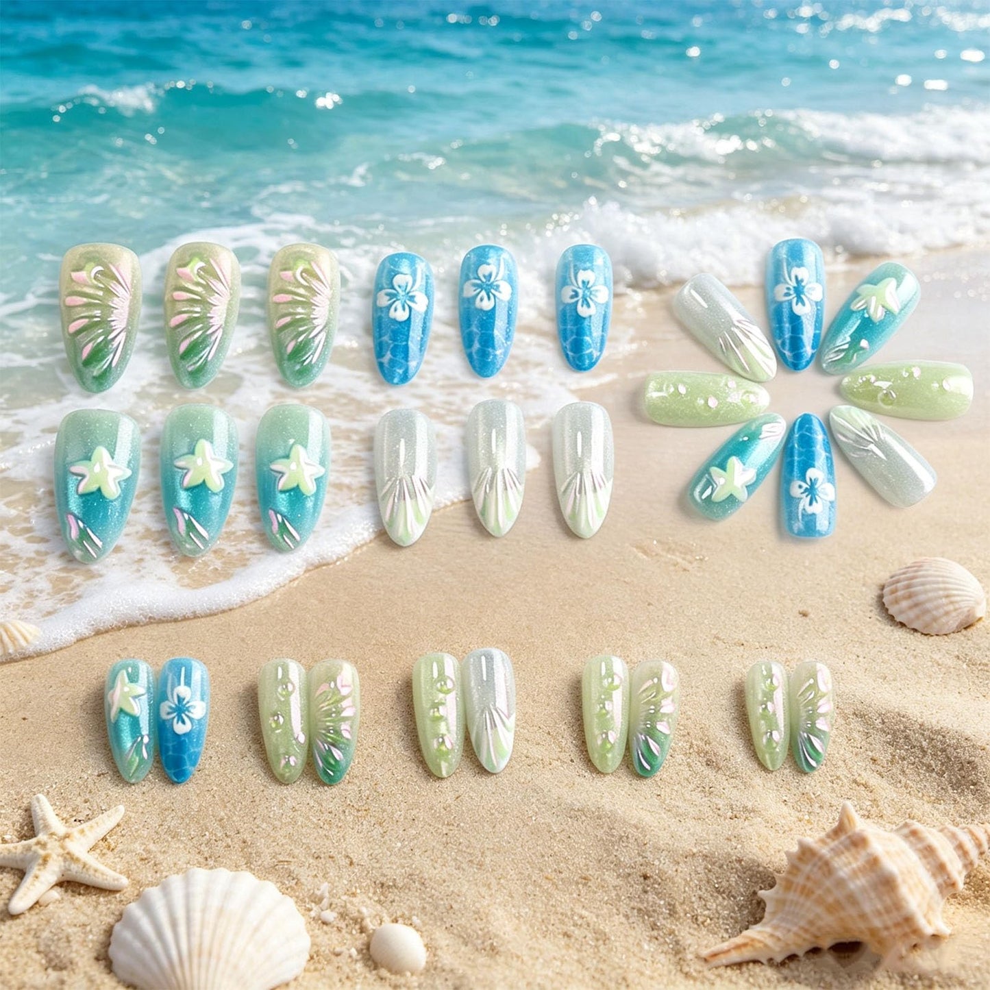 Ocean Press on Nails 3D Starfish False Nails with Seashell Design Medium Almond Fake Nail Glossy Sparkly Blue Gradient Glue on Nail White French Tips Stick on Fingernails for Women Summer Daily Wear
