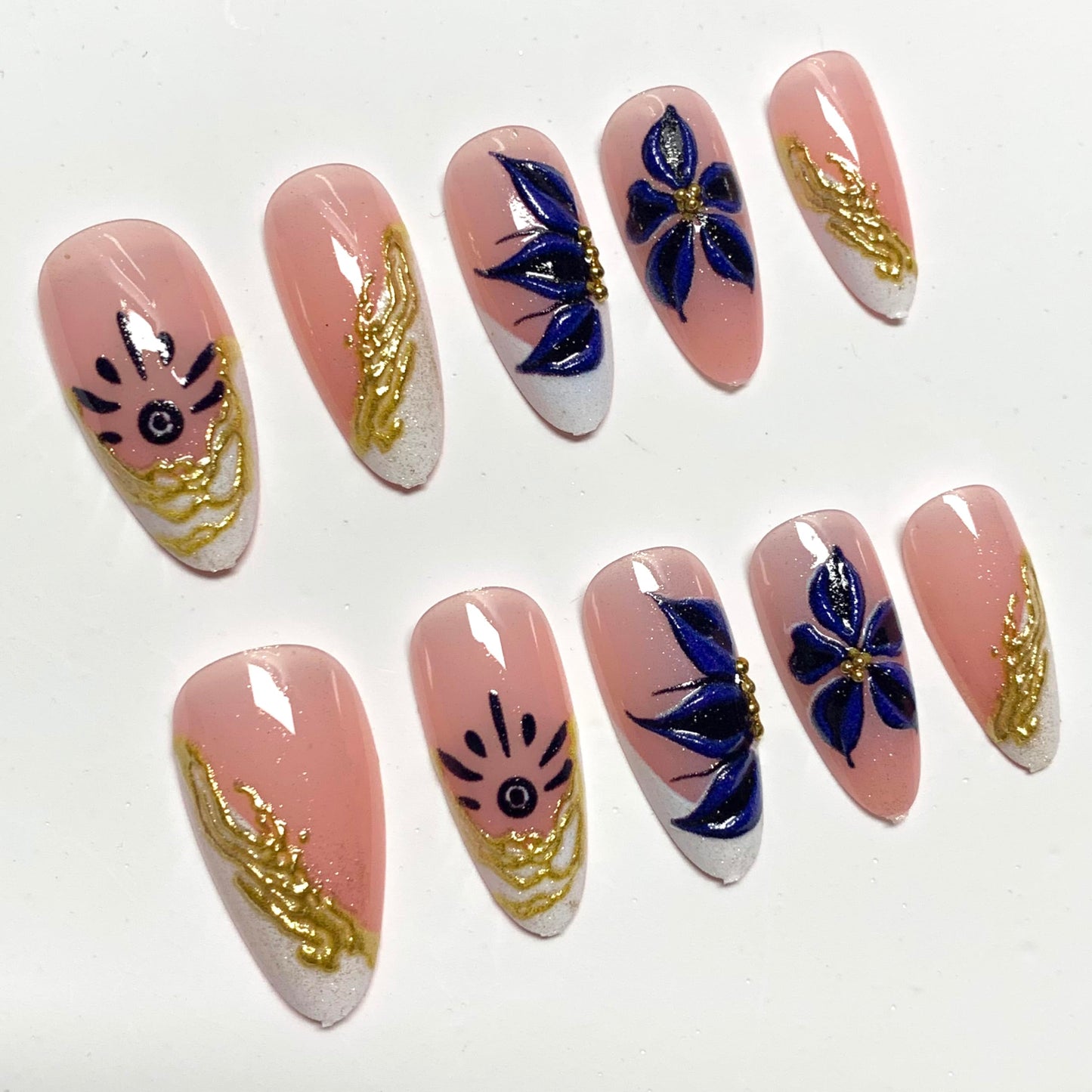BABALAL Press On Nails, Medium Almond Fake Nails, 3d Blue Floral & Gold Chrome, White French Tip, Glossy Full Cover Glue On Nails For Women And Girls 24Pcs