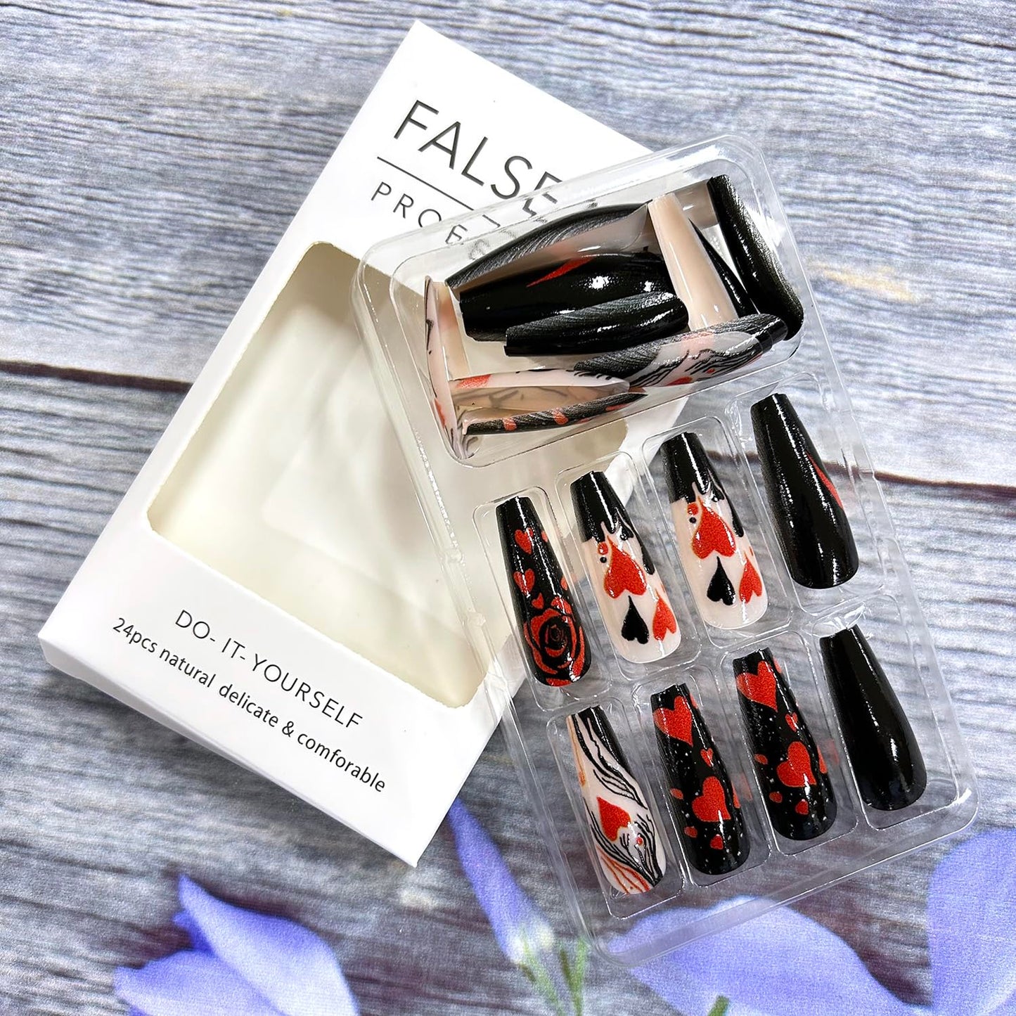 Red Black Heart Press on Nails Medium Length Valentine's Acrylic Nails Love Heart Rose Design Full Cover Glue on Nails Glossy False Nails Valentines Stick on Nails for Women Holiday Nails 24Pcs