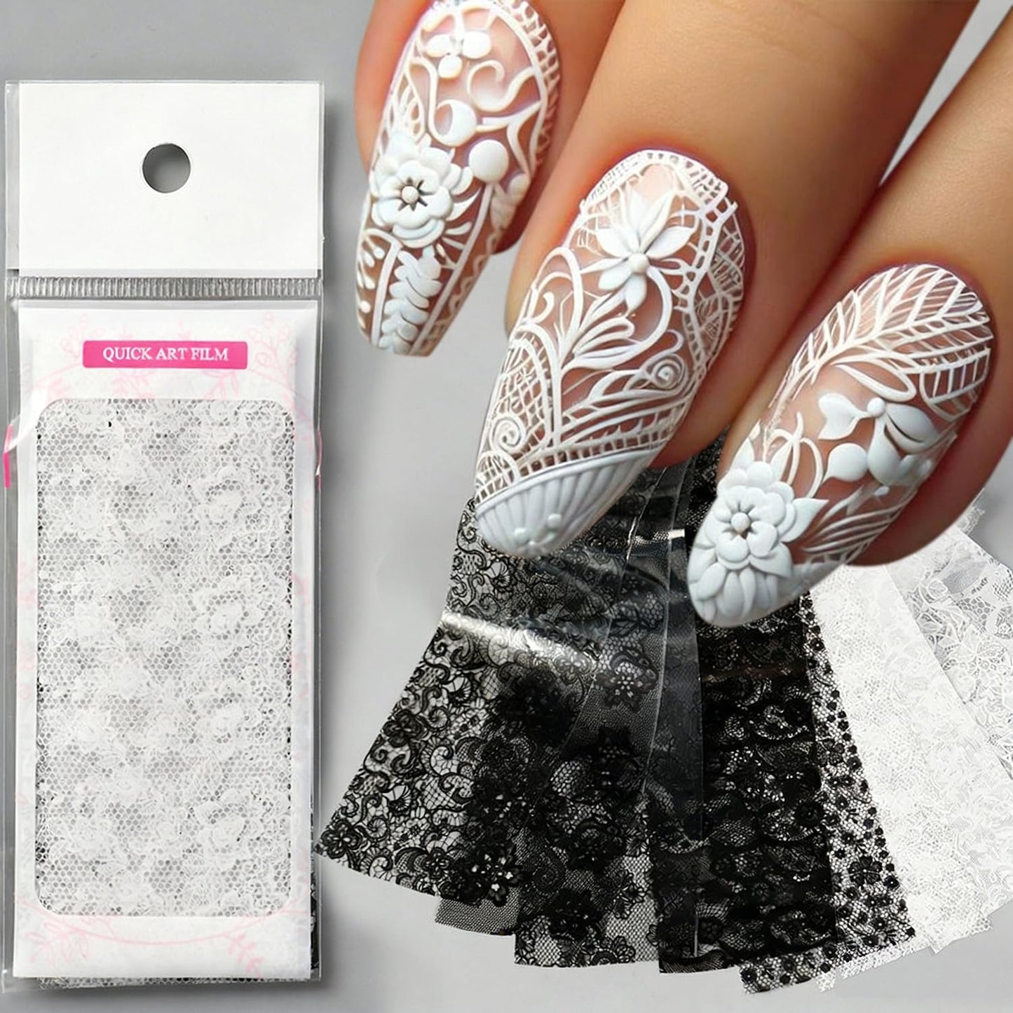 10 Sheets Lace Flower Nail Art Foil Transfer Stickers Black White Lace Nail Foils Transfer Nail Art Flowers Nail Supplies Decals Acrylic Nail Decorations for Women DIY Manicure Art Accessories