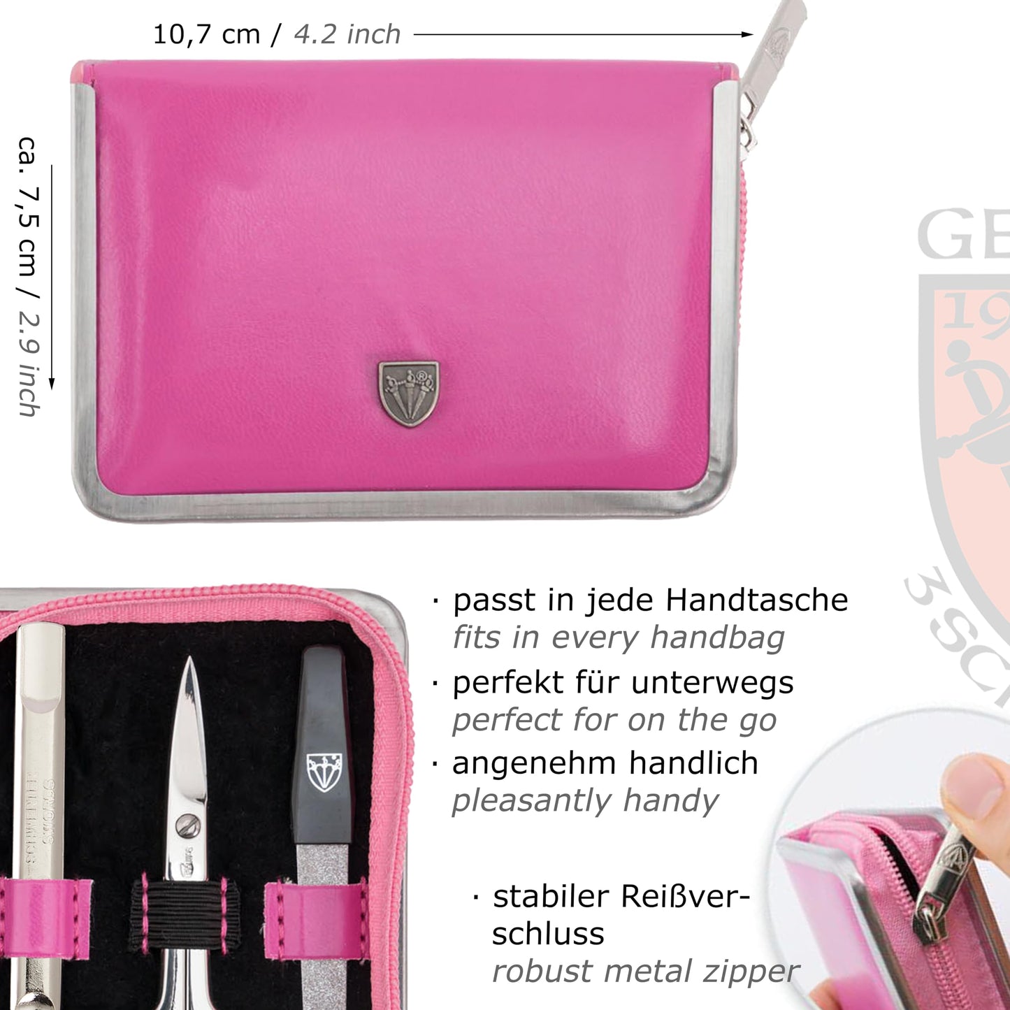 3 Swords Germany - brand quality 6 piece manicure pedicure kit set for professional finger & toe nail care with synthetic leather case - Made in Germany - pink