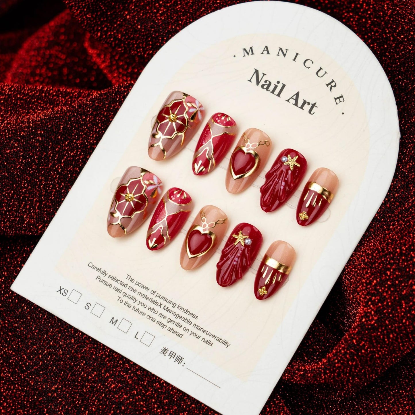 octoswave Press on Nails Almond - 30 Pcs Red Heart & Gold Floral Design Glue on Nails, Medium Short Almond Fake Nails with 3D Textured Starfish & Shell Accents, Glossy Gel Finish Luxury Nail Kit