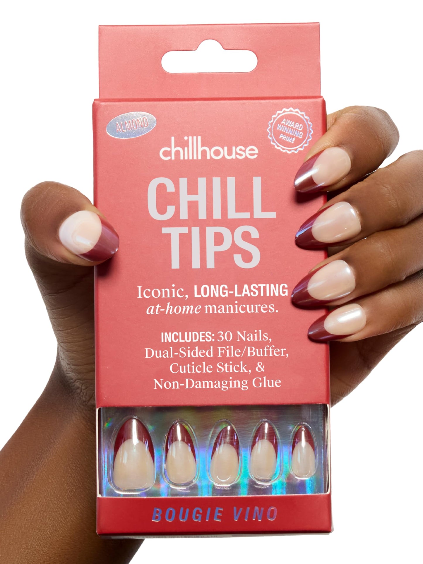 Chillhouse - Chill Tips, French Tip Press On Nails Kit - Bougie Vino (Almond) - 30 Nail Shapes & Sizes - 2 Weeks of Wear - Customizable Fit - French Manicure Kit - Women Owned - Beauty & Self Care