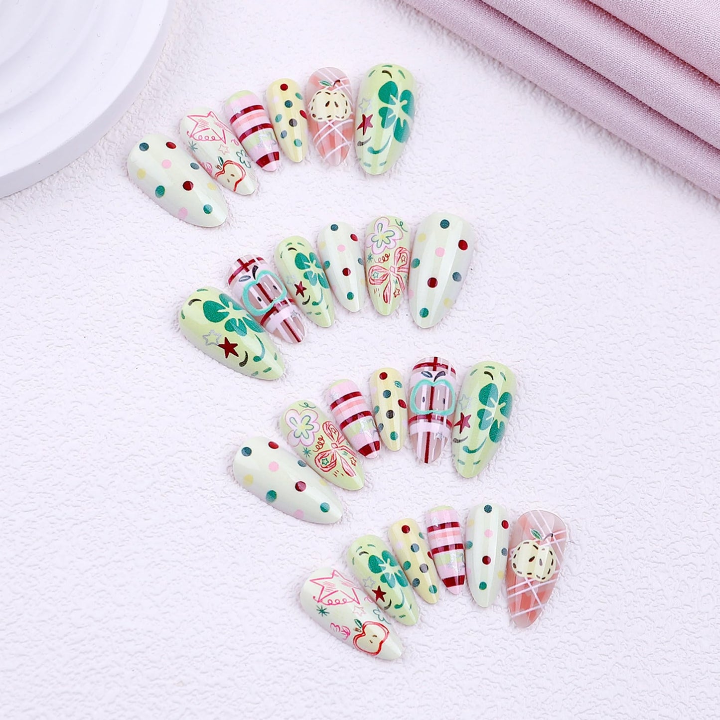 OCTOSWAVE Almond Press on Nails Long Acrylic Fake Nails with Cute Apple, Flower & Plaid Art for Women, Y2K Preppy Style for Party, Date, Vacation, 24Pcs