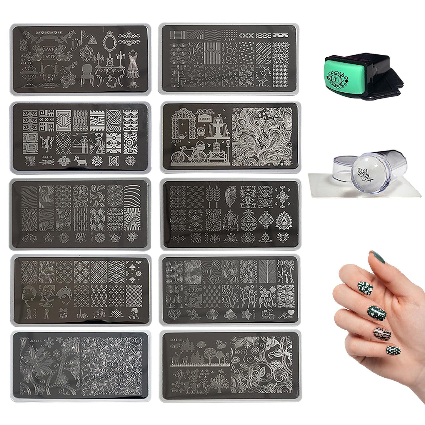 Beauty Leader 10 Nail Plates Mix Designs Nail Art Image Stamp Stamping Plates Manicure Template Nail Art Tools +2 Pcs Stamper DIY Stamping Plate(11-20)