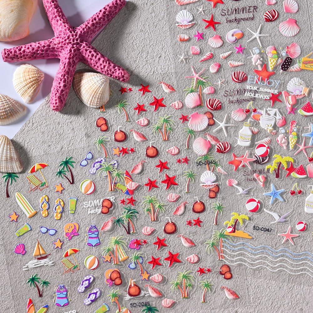 Teilihai 4 Sheets 5D Embossed Ocean Style Nail Art Stickers Starfish Seashell Design Nail Stickers Coconut Tree Nail Art Decals for Nails Decoration, Self Adhesive Nail Supplies for Women and Girls