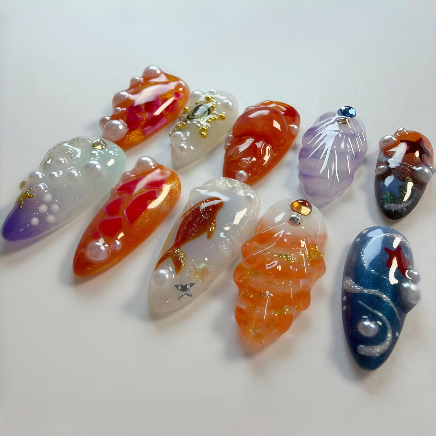 Handcrafted Press On Nails Iridescent Mermaid Ocean Theme 3D Pearl Glitter Goldfish Design 100% Handmade Realistic Artistic Hand Nail Gifts For Women (Mermaid Ocean Shape, Medium M)