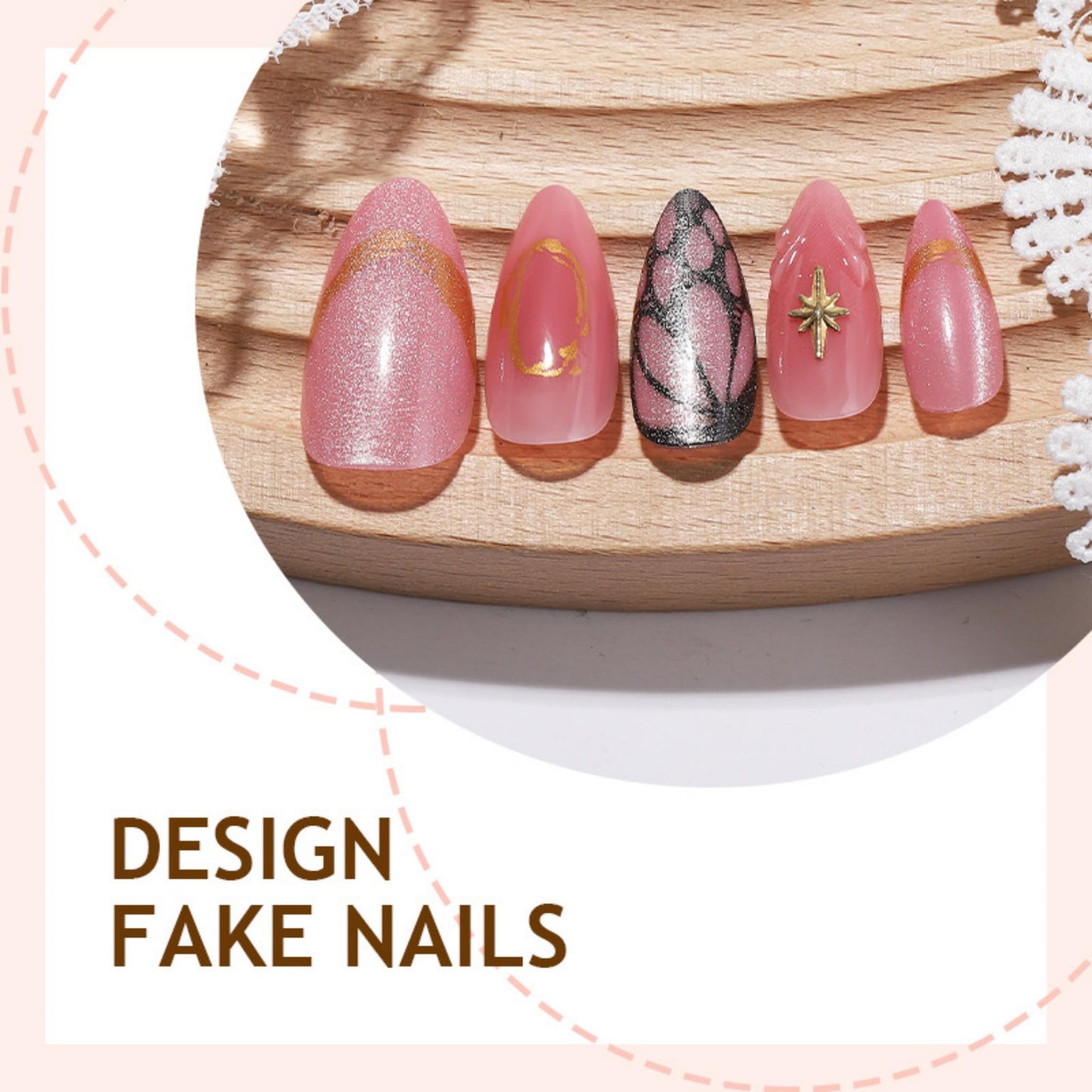 Almond Press on Nails Long Fake Nails Pink Acrylic Nail Press ons SEENEEY Gold Charm and Butterfly Designs Cute Stick on Nail for Women 24pcs