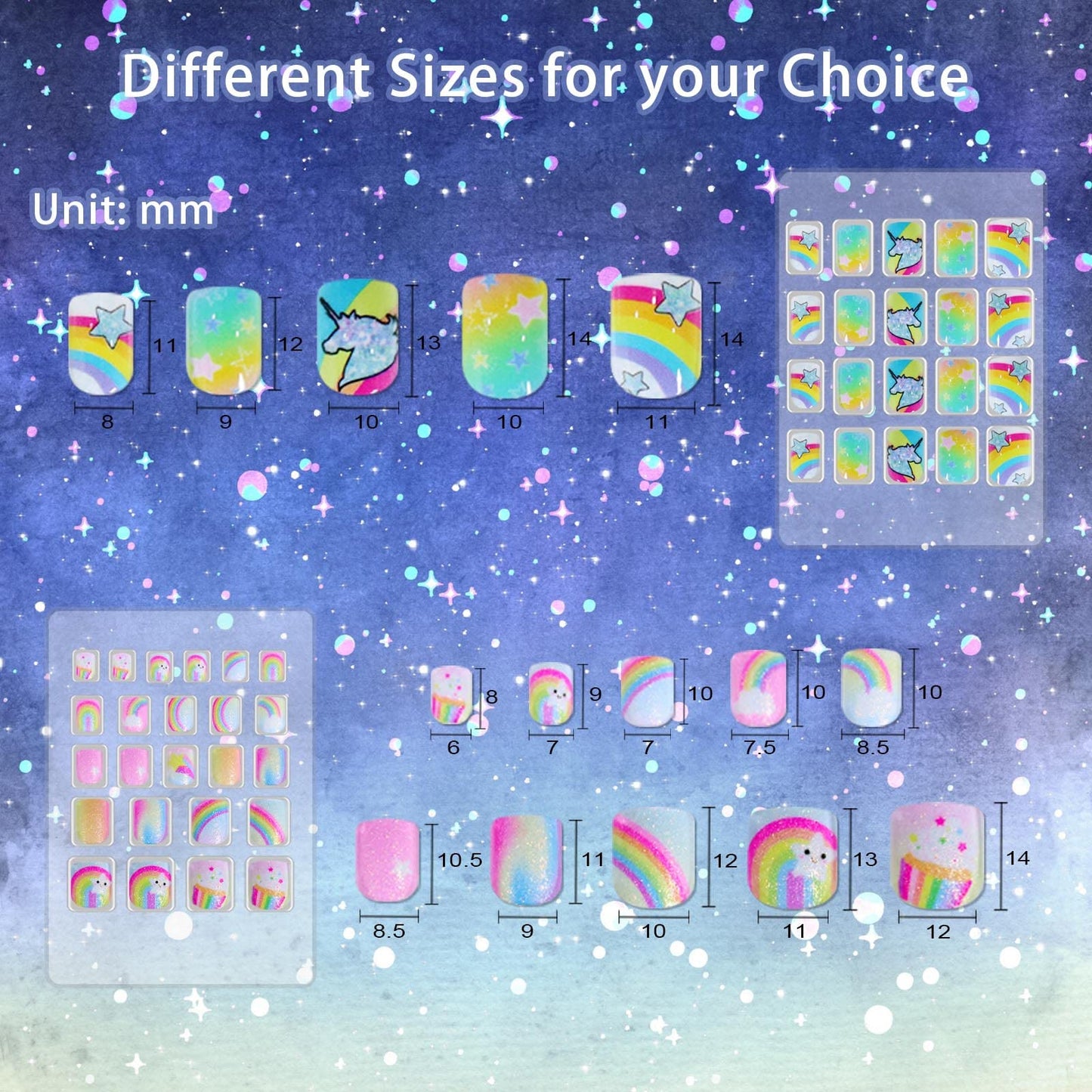SIUSIO 132 Pcs 6Pack Kids Press on Nails Children Acrylic Fake Nails Cute Pre-glue Full Cover Glitter Gradient Color Rainbow Short Stick On False Nail Art Kits Set for Kids Little Girls - Spendid Pony